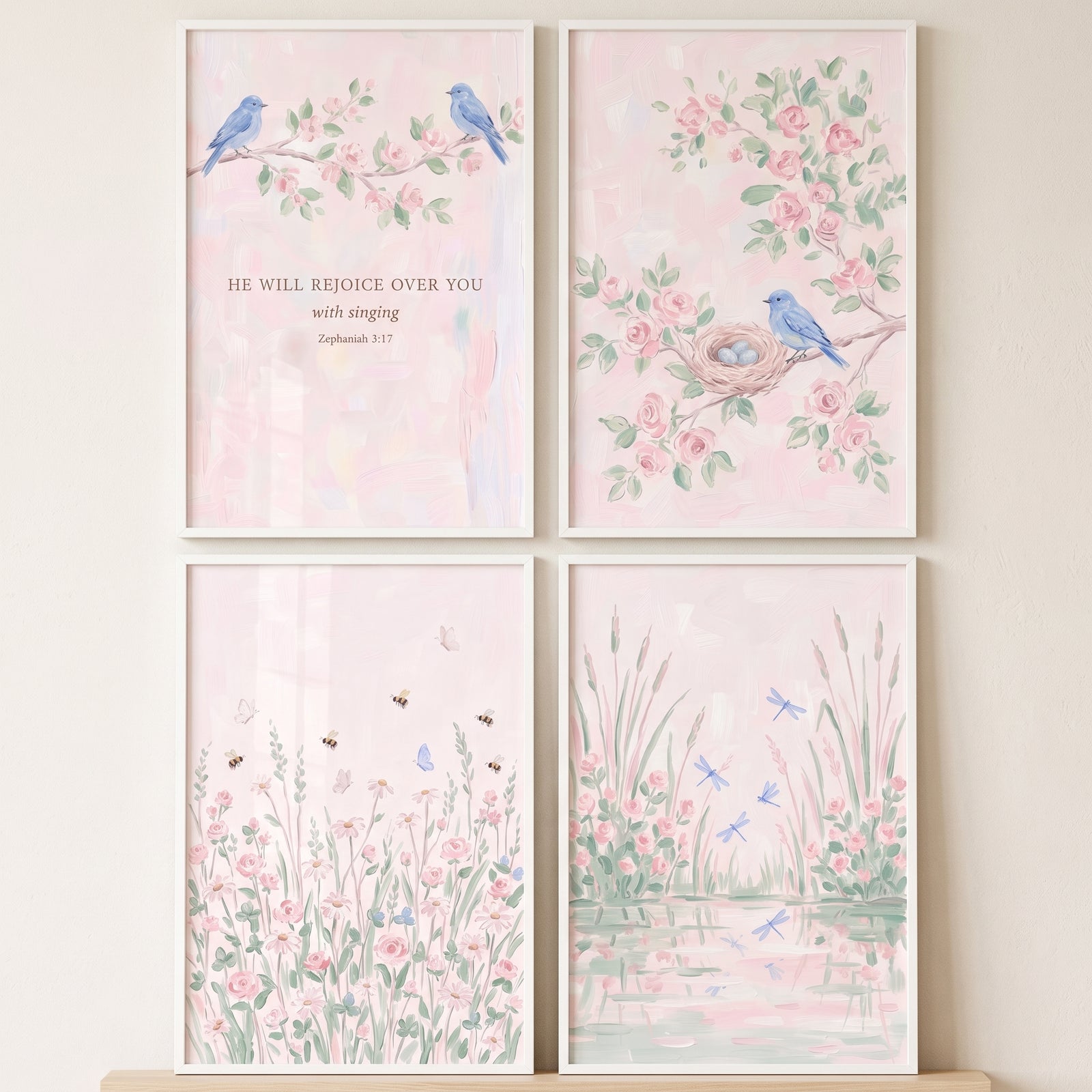 Botanical pink floral garden wall art set of 4 featuring blue birds, bees, dragonflies, a pond, and a scripture verse.