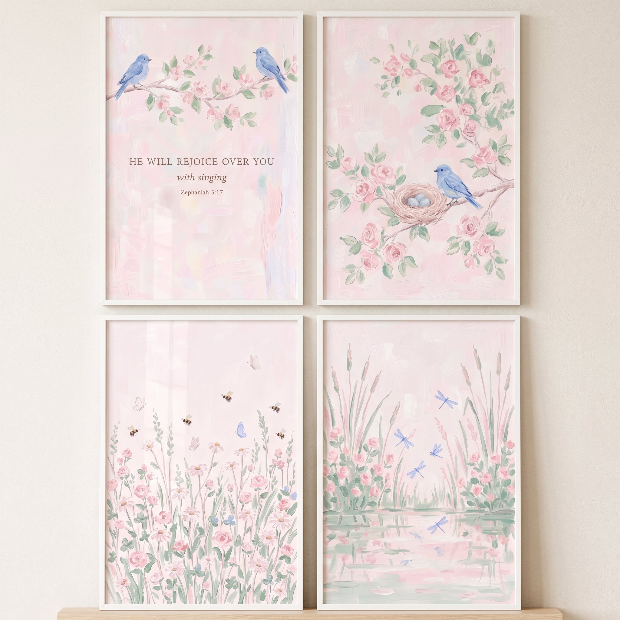 Botanical Pink Floral Garden Wall Art Set of 4 - Serene Garden Song