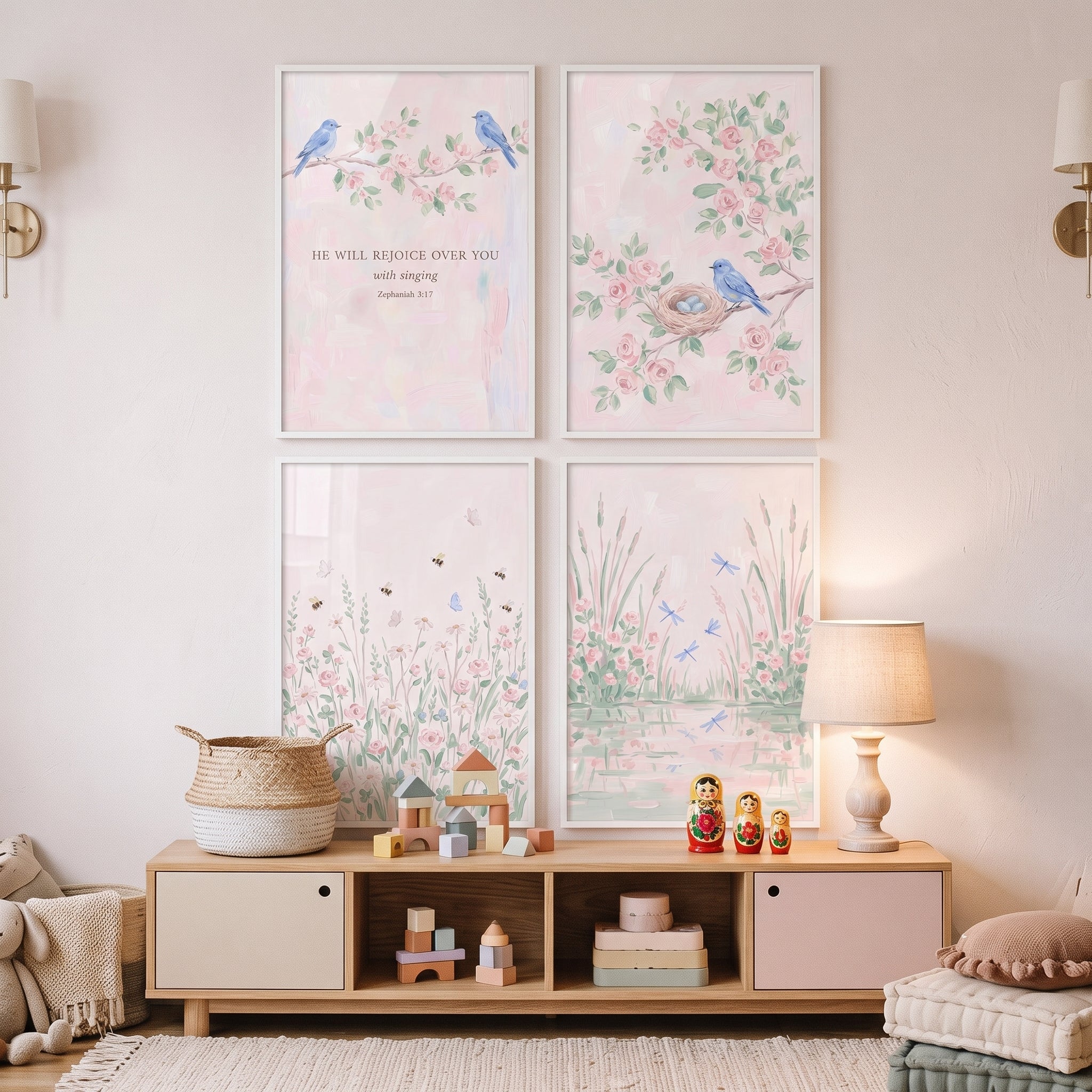 Botanical Pink Floral Garden Wall Art Set of 4 - Serene Garden Song