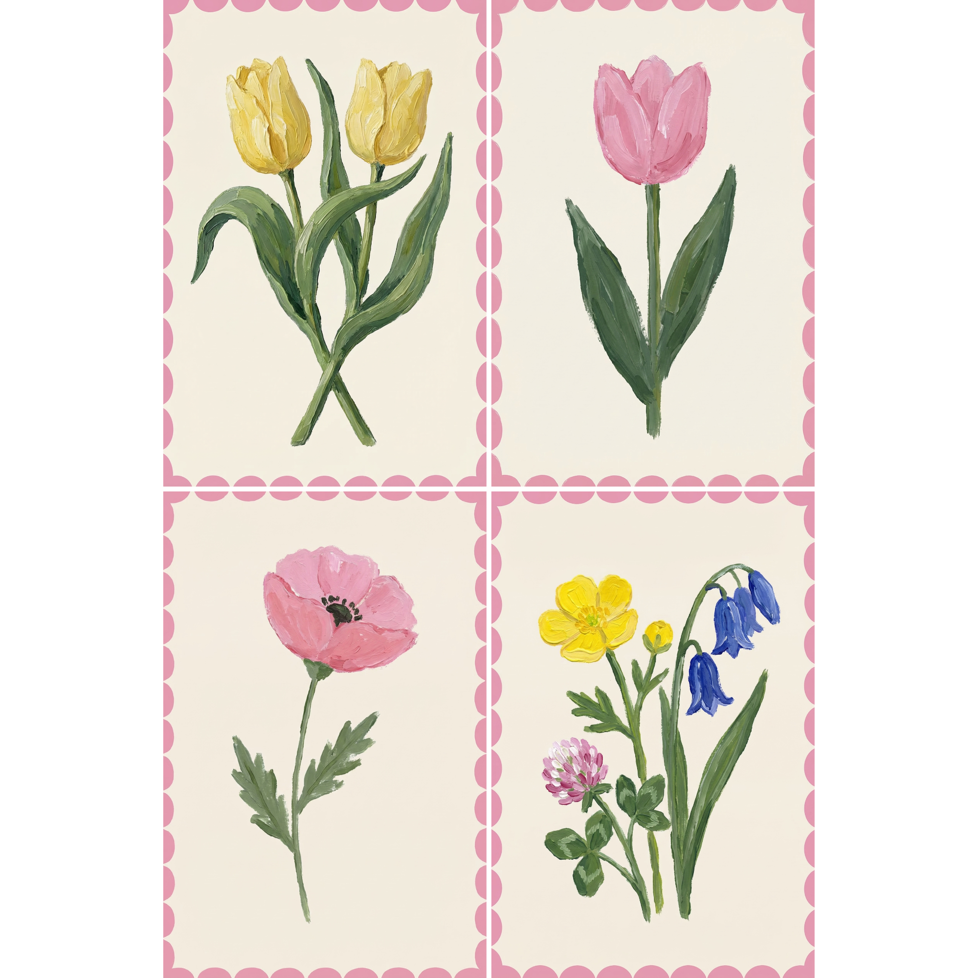 Botanical Pink Scalloped Wildflower Artwork Set of 4 - Spring Floral Study