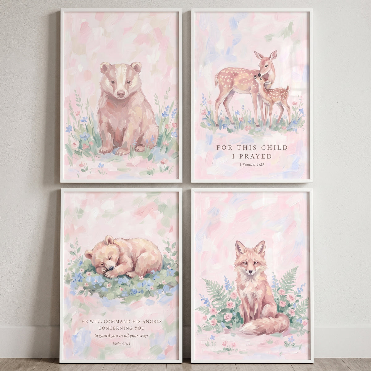 Botanical pink woodland animals wall art set of 4 featuring bears, deer, and a fox with religious scripture.