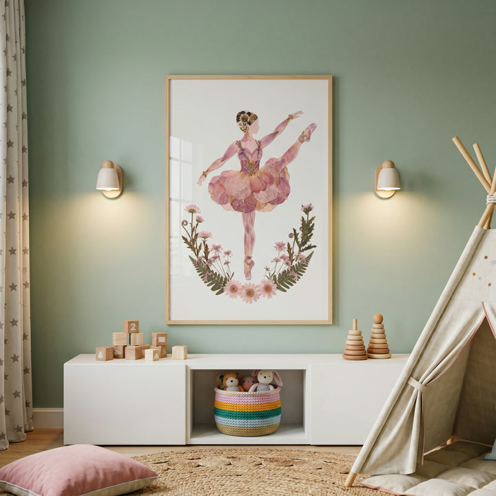 Botanical pressed flower ballerina wall art above a white console in a sage green playroom with a teepee and toys.