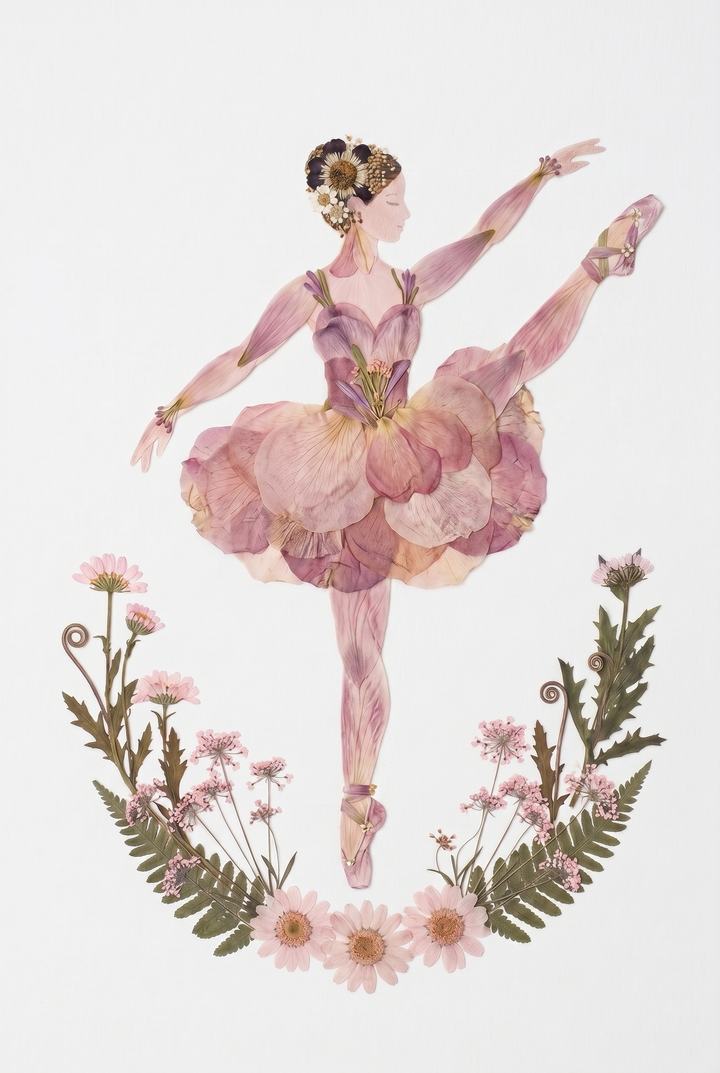 Botanical pressed flower ballerina wall art shows a dancer made of pink petals posed above a base of dried flowers.