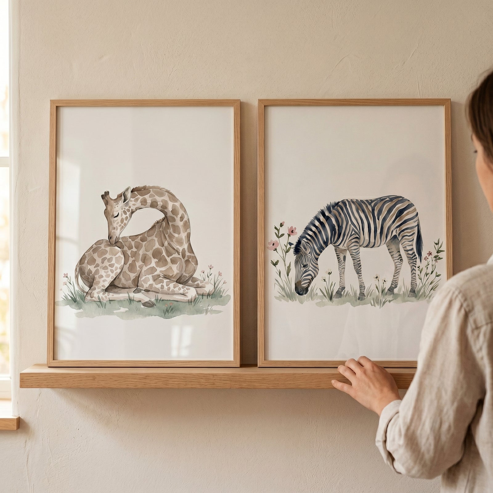 Botanical safari animal wall art set of 2 features a giraffe and zebra in light wood frames on a natural wood shelf.