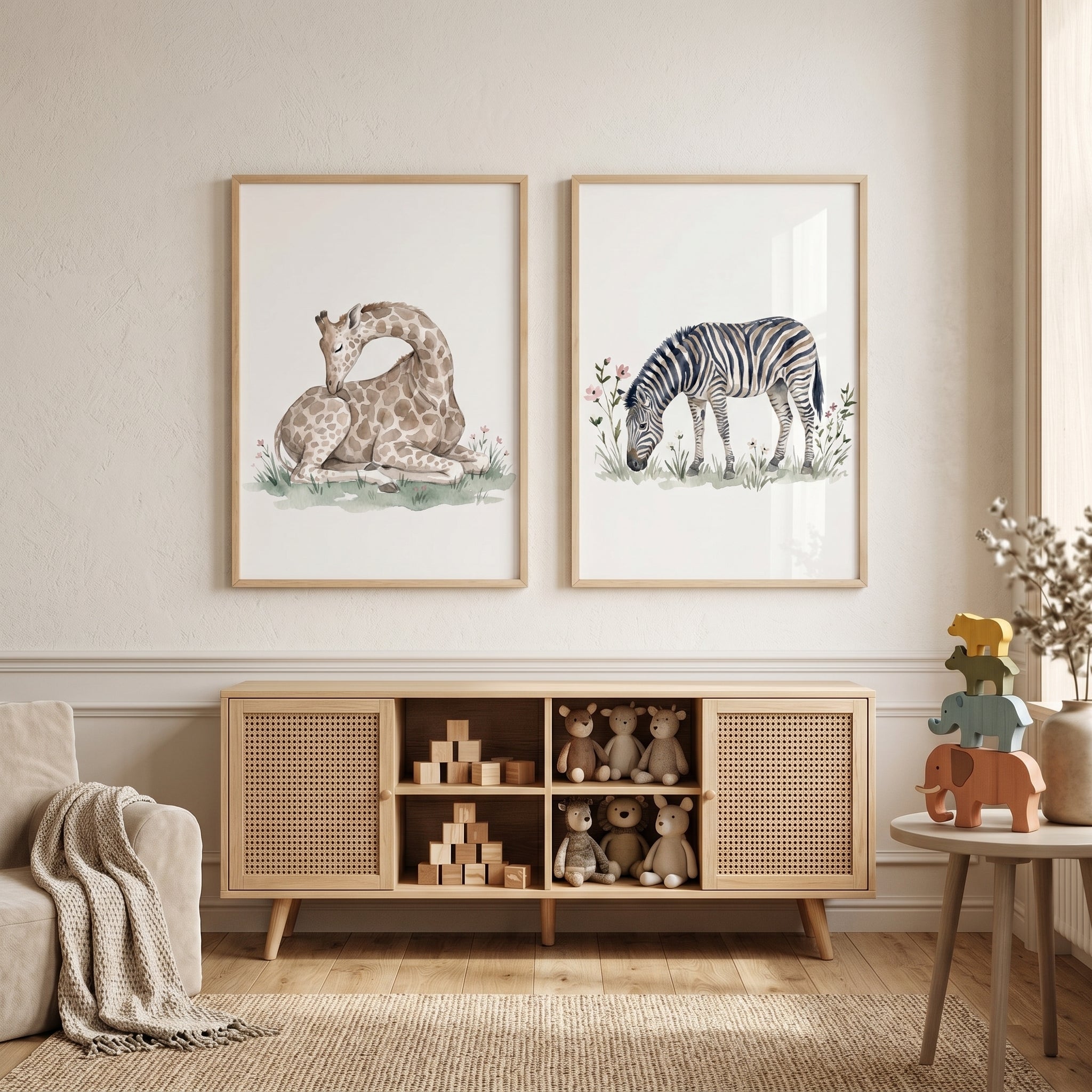 Botanical Safari Animal Wall Art Set of 2 - Soft Safari Friends
