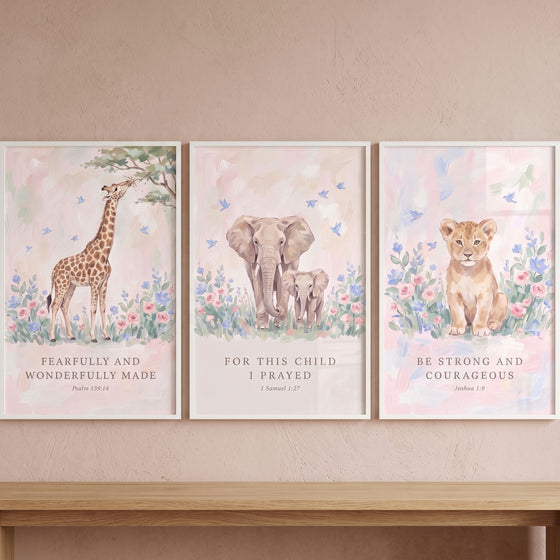 Botanical scripture safari animals bible wall art set of 3 featuring a giraffe, elephants, and a lion cub in watercolor.