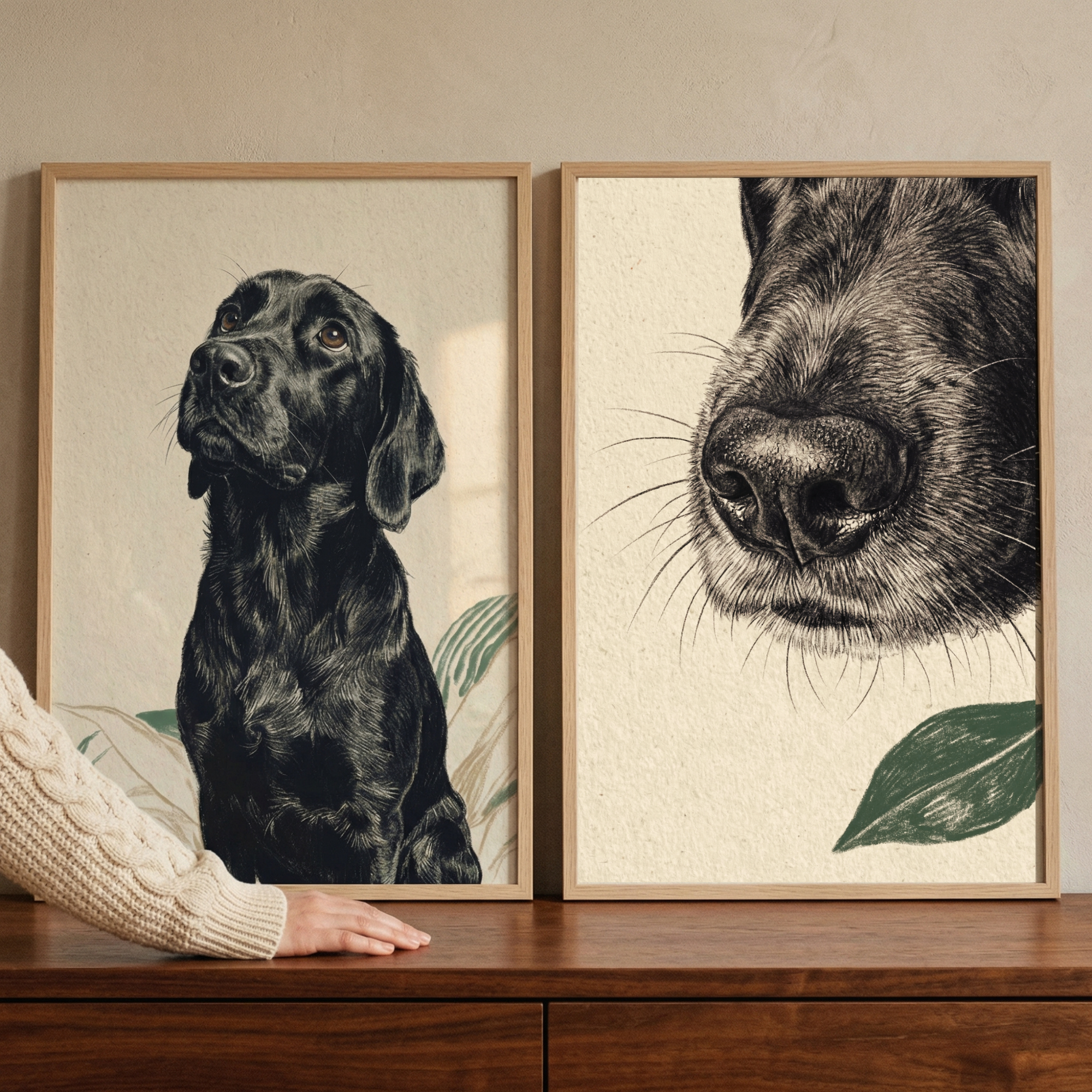 Botanical Sketch Black Labrador Wall Art Set of 2 - Loyal Canine Gaze