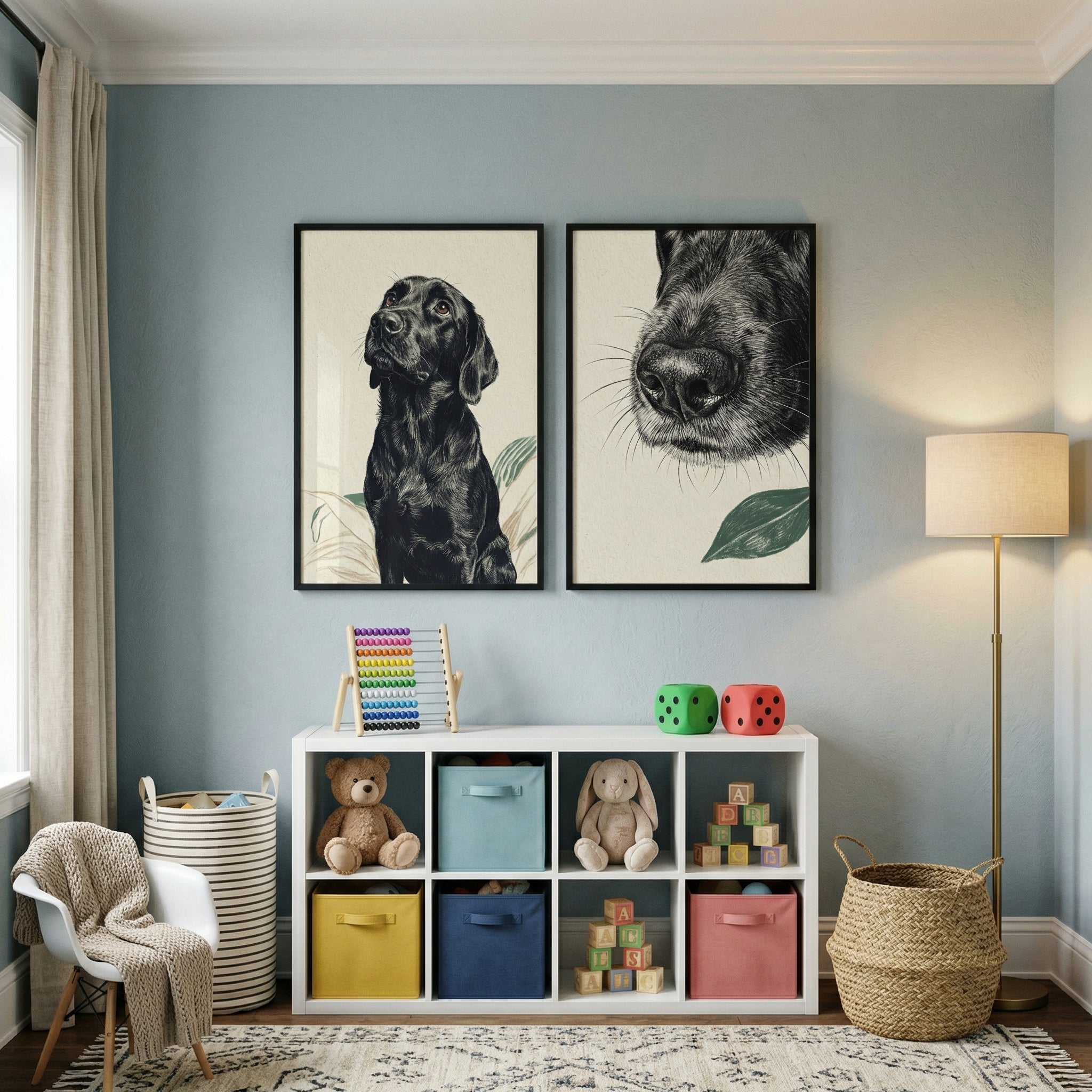 Botanical Sketch Black Labrador Wall Art Set of 2 - Loyal Canine Gaze