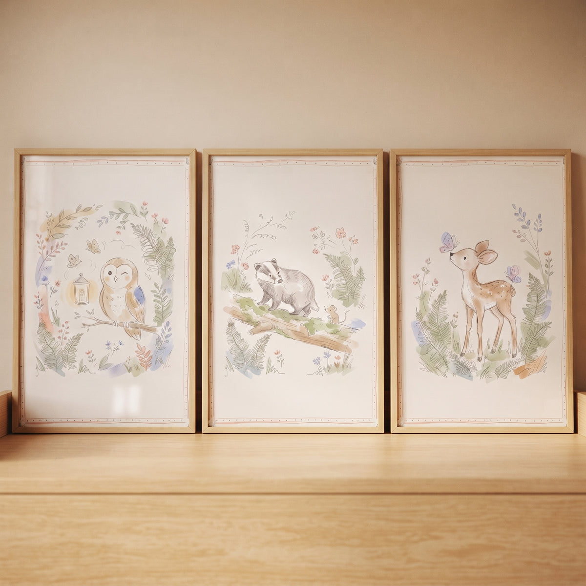 botanical sketch forest animal wall art set of 3 includes an owl, badger, and deer in wood frames on a wooden shelf.
