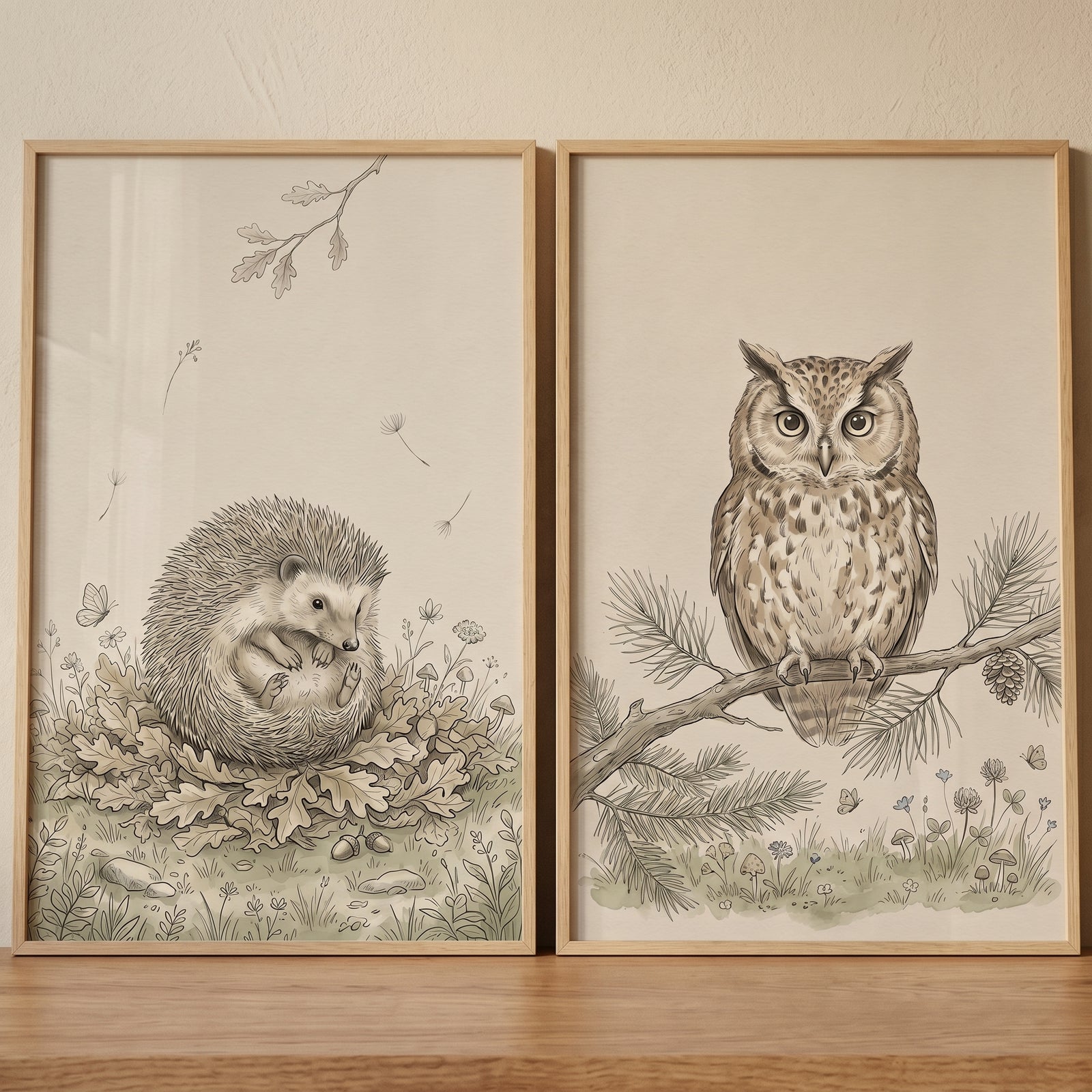 Hedgehog and owl botanical sketch woodland animals wall art set of 2 in light wood frames.