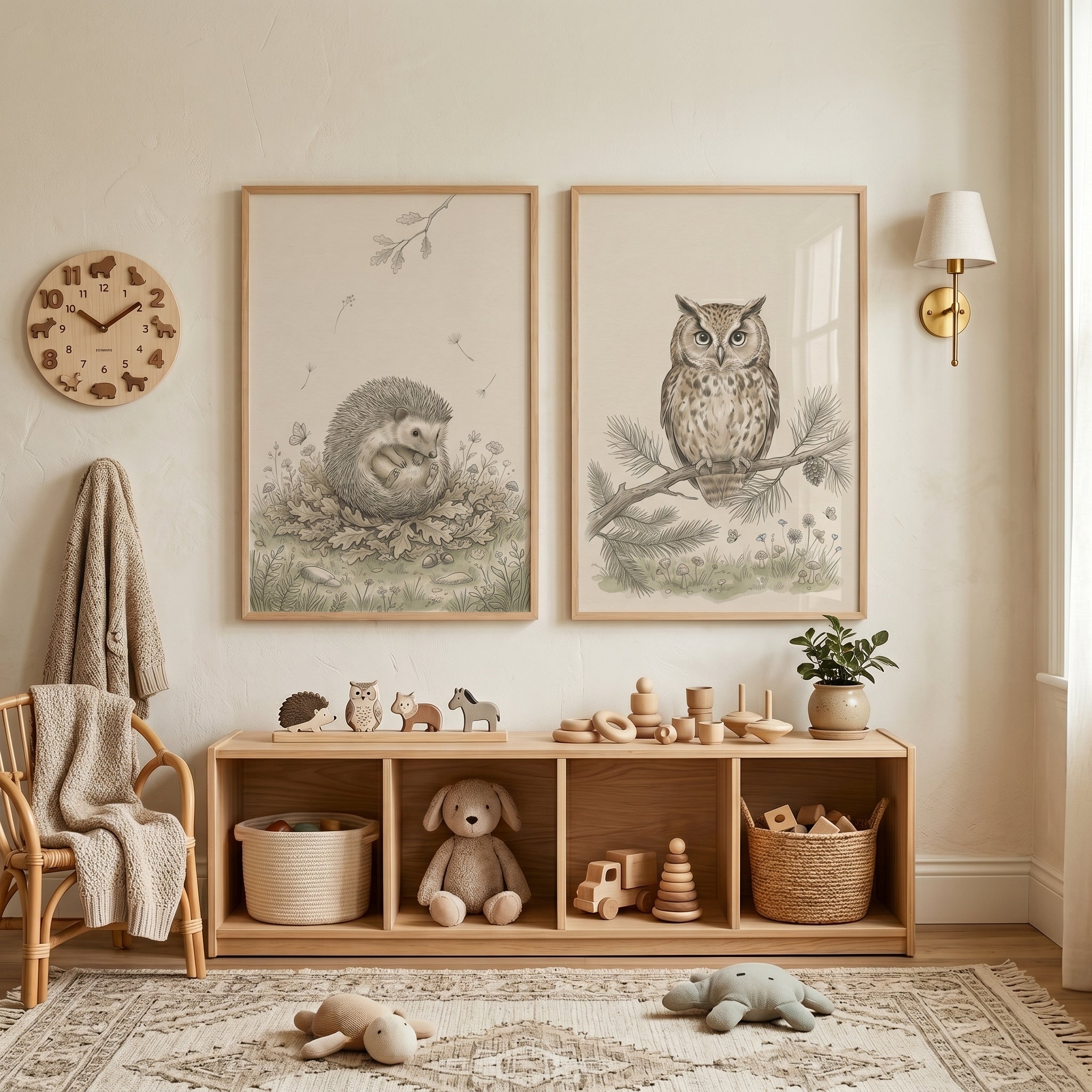 Botanical Sketch Woodland Animals Wall Art Set Of 2 - Whimsical Forest Duo