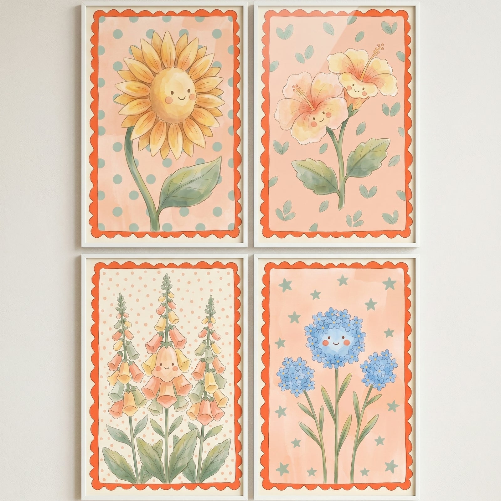 Botanical smiling flower wall art set of 4 features a sunflower, hibiscus, foxglove, and blue blooms with happy faces.
