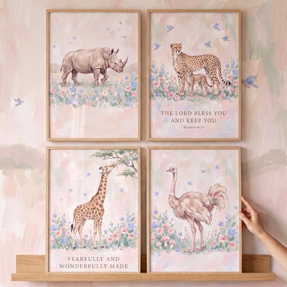 Botanical songbird safari animals wall art set of 4 featuring a rhino, cheetah, giraffe, ostrich, and religious scripture.
