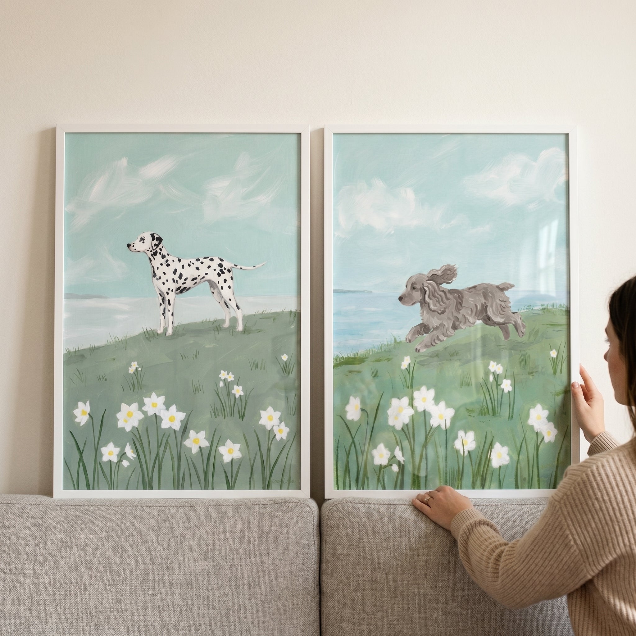 Botanical Spring Daffodil Dogs Wall Art Set of 2 - Coastal Meadow Pups