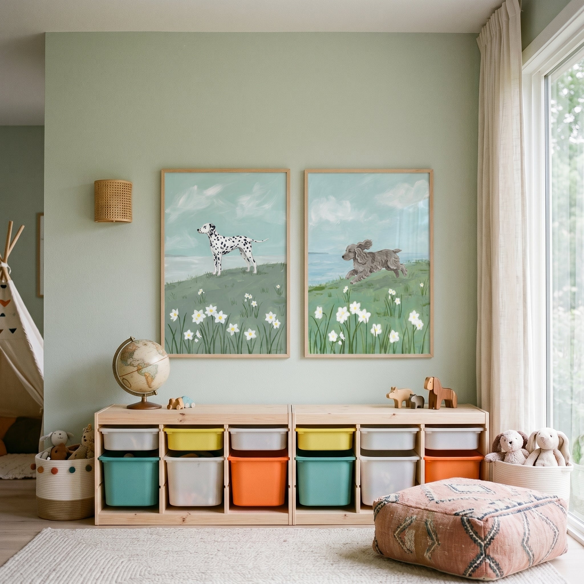 Botanical Spring Daffodil Dogs Wall Art Set of 2 - Coastal Meadow Pups
