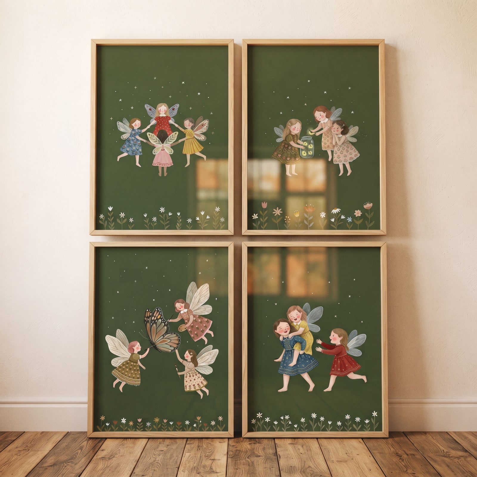 Botanical starry green fairies wall art set of 4 features whimsical winged figures dancing and playing in floral scenes.