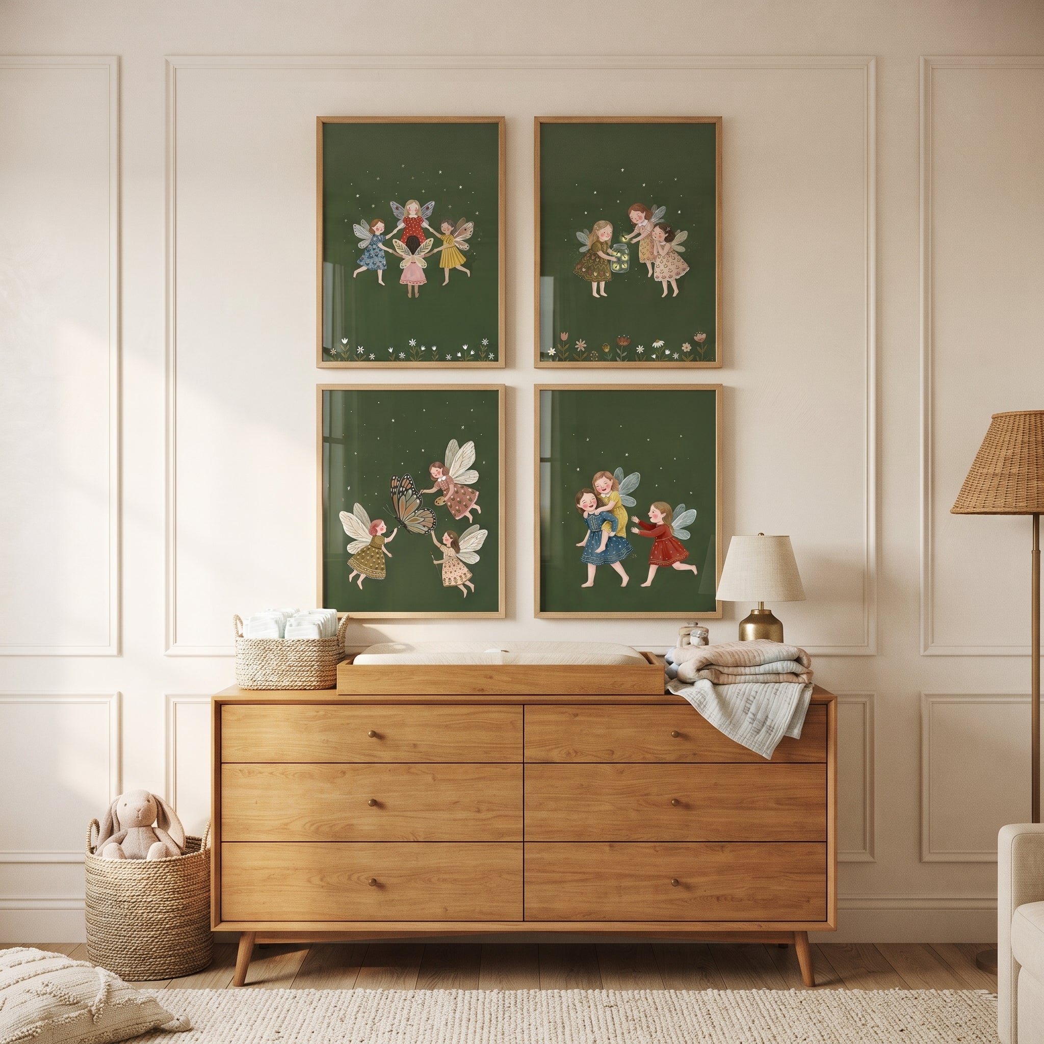 Botanical Starry Green Fairies Wall Art Set of 4 - Whimsical Garden Sprites