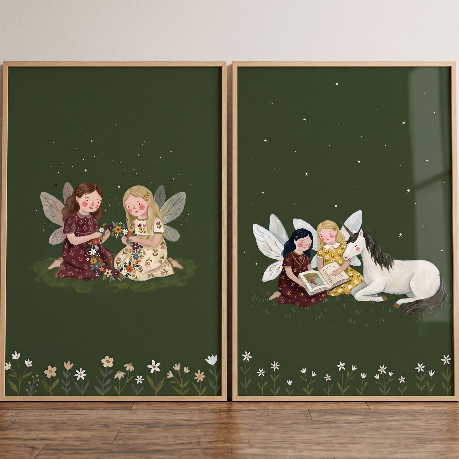 Botanical starry meadow fairies wall art set of 2 shows fairies and a unicorn on dark green starry backgrounds in frames.