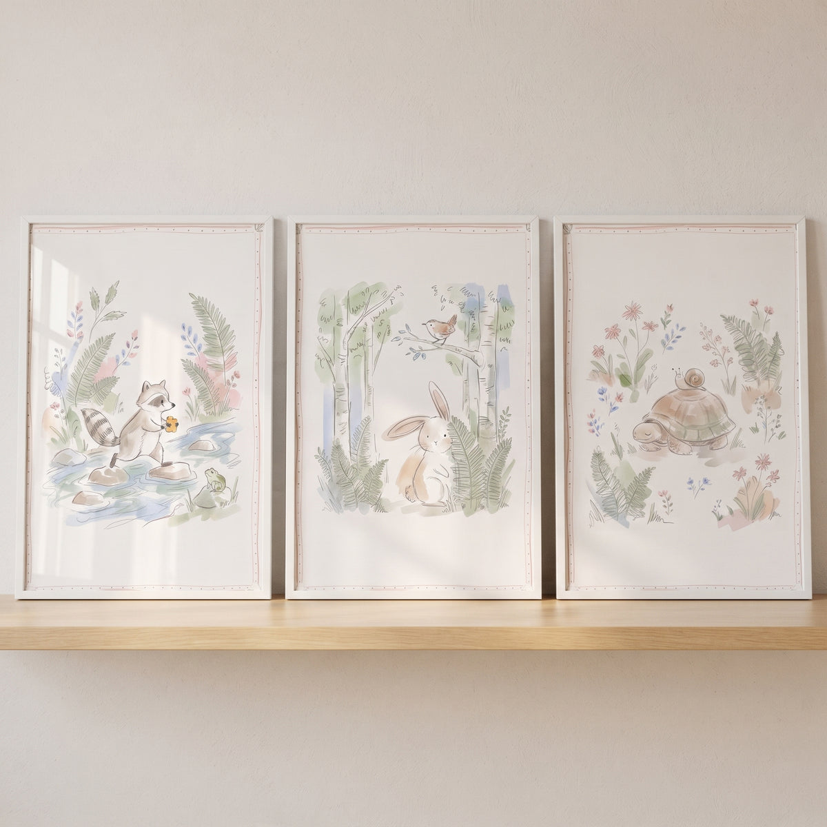 Botanical storybook forest creature artwork set of 3 on a shelf featuring a raccoon, bunny, turtle, and snail.