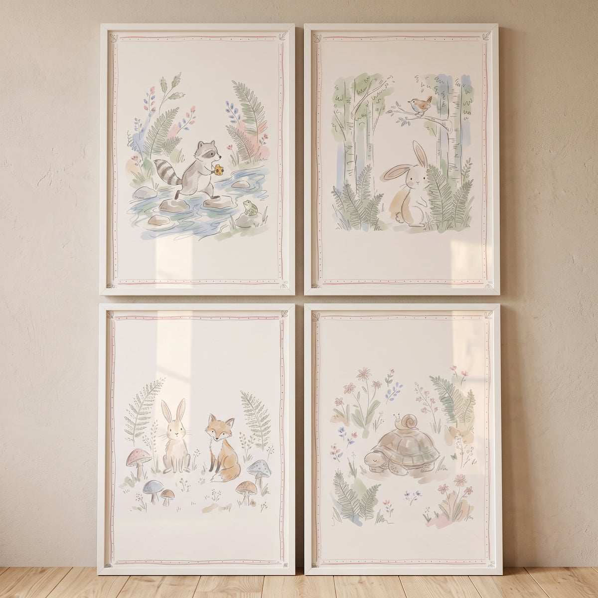 Watercolor botanical storybook forest creatures wall art set of 4 featuring a raccoon, bunnies, a fox, and a turtle.