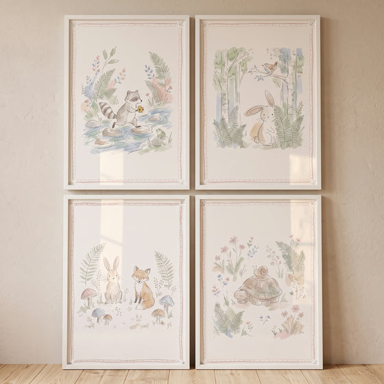 Watercolor botanical storybook forest creatures wall art set of 4 featuring a raccoon, bunnies, a fox, and a turtle.
