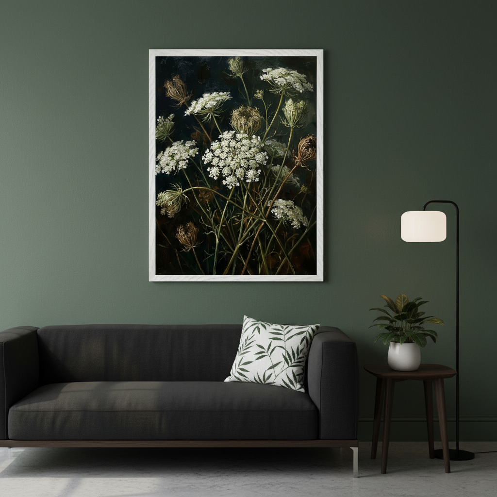 Modern living room with a dark gray sofa. A large framed botanical painting of white Queen Anne's Lace flowers on a dark background hangs centered above the sofa. A floor lamp and a small plant on a dark side table are to the right.