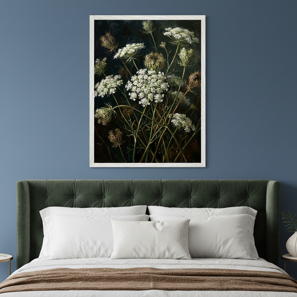 Bedroom with a dark green velvet tufted headboard. A large framed botanical painting hangs centered above the bed, depicting white Queen Anne's Lace flowers and dried umbels against a dark background in a realistic style. White frame.