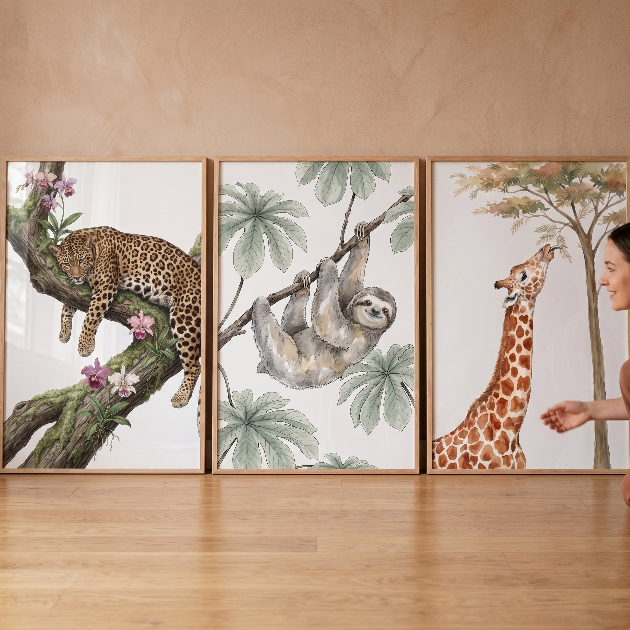Botanical Watercolor Jungle Animals Wall Art Set of 3 - Wild Nature Trio