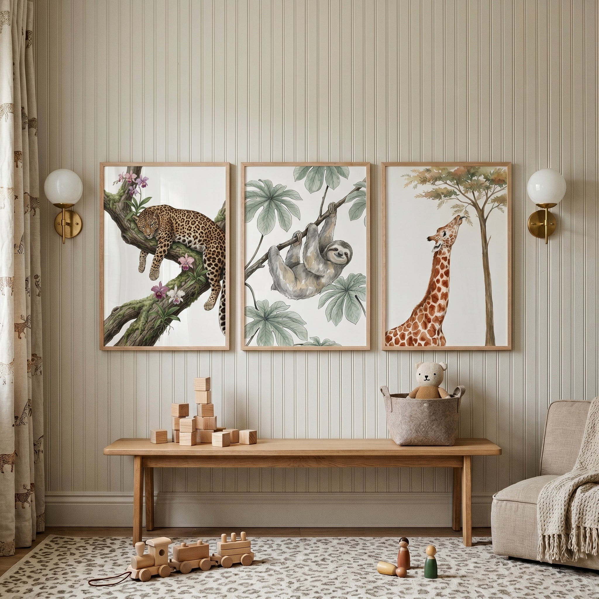 Botanical Watercolor Jungle Animals Wall Art Set of 3 - Wild Nature Trio