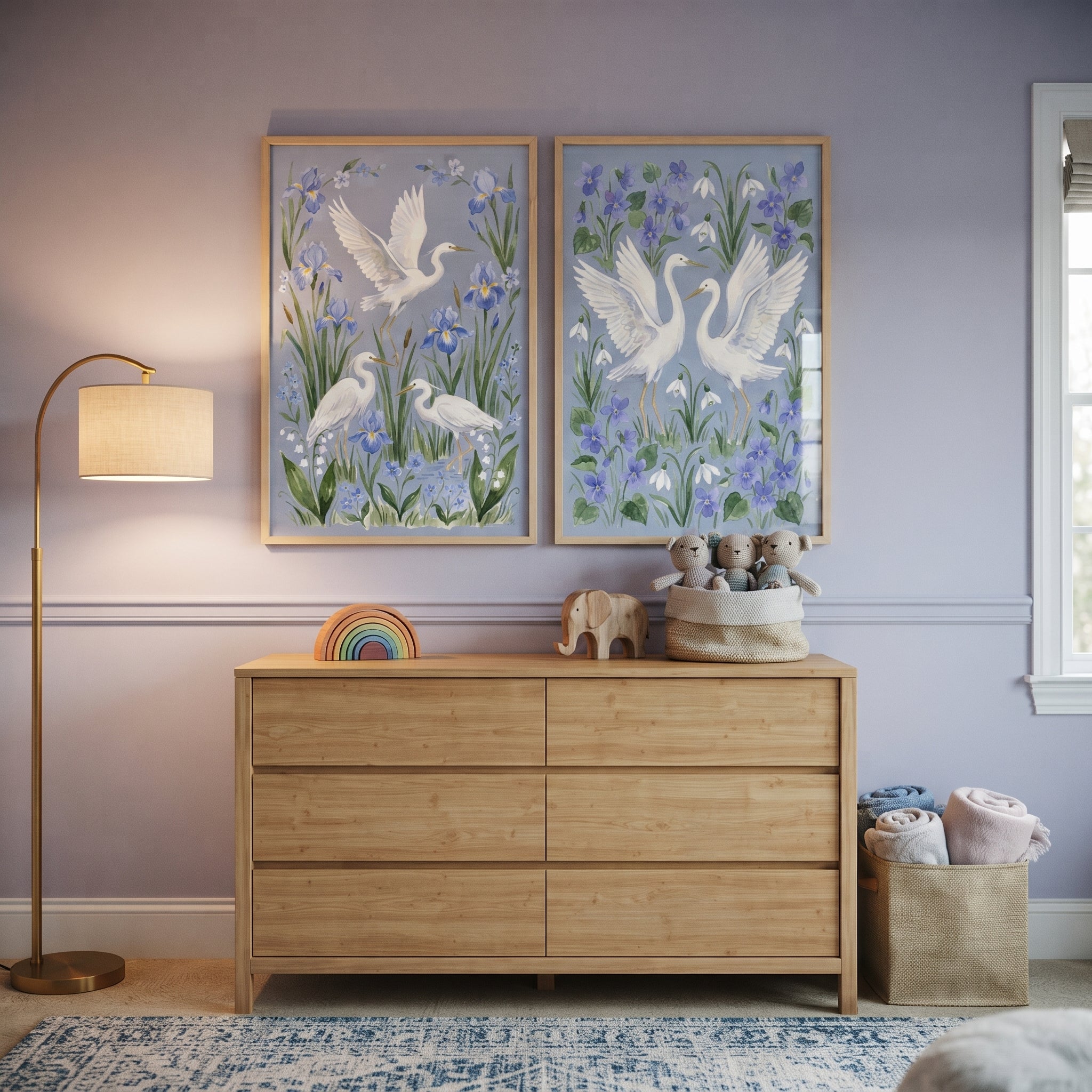 Botanical Wetland White Egret Bird Wall Art Set of 2 - Blue Floral Sanctuary