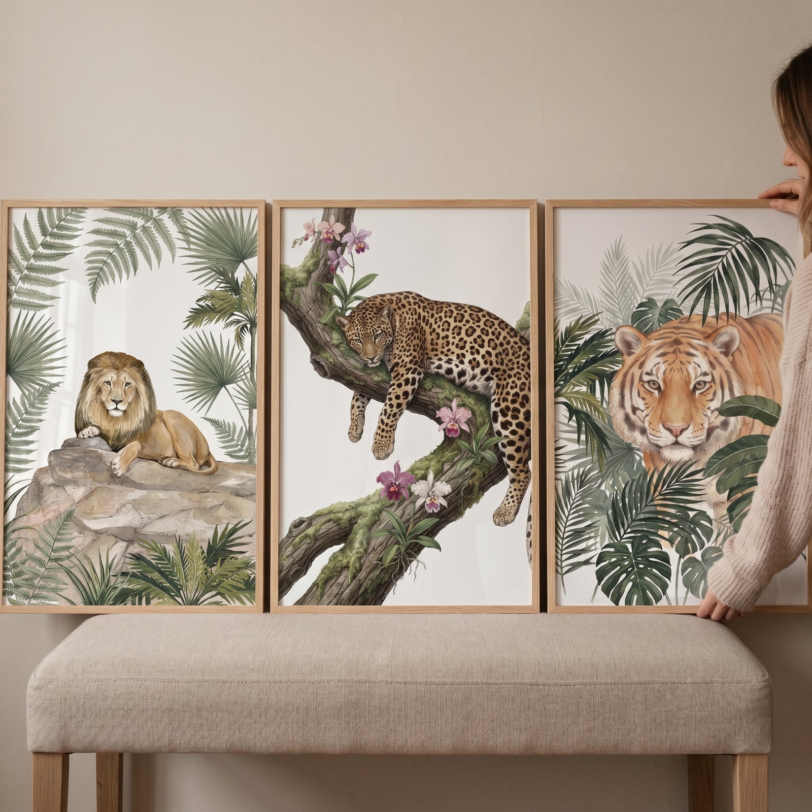 Botanical wild big cat wall art set of 3 featuring a lion, leopard, and tiger in lush jungle foliage.