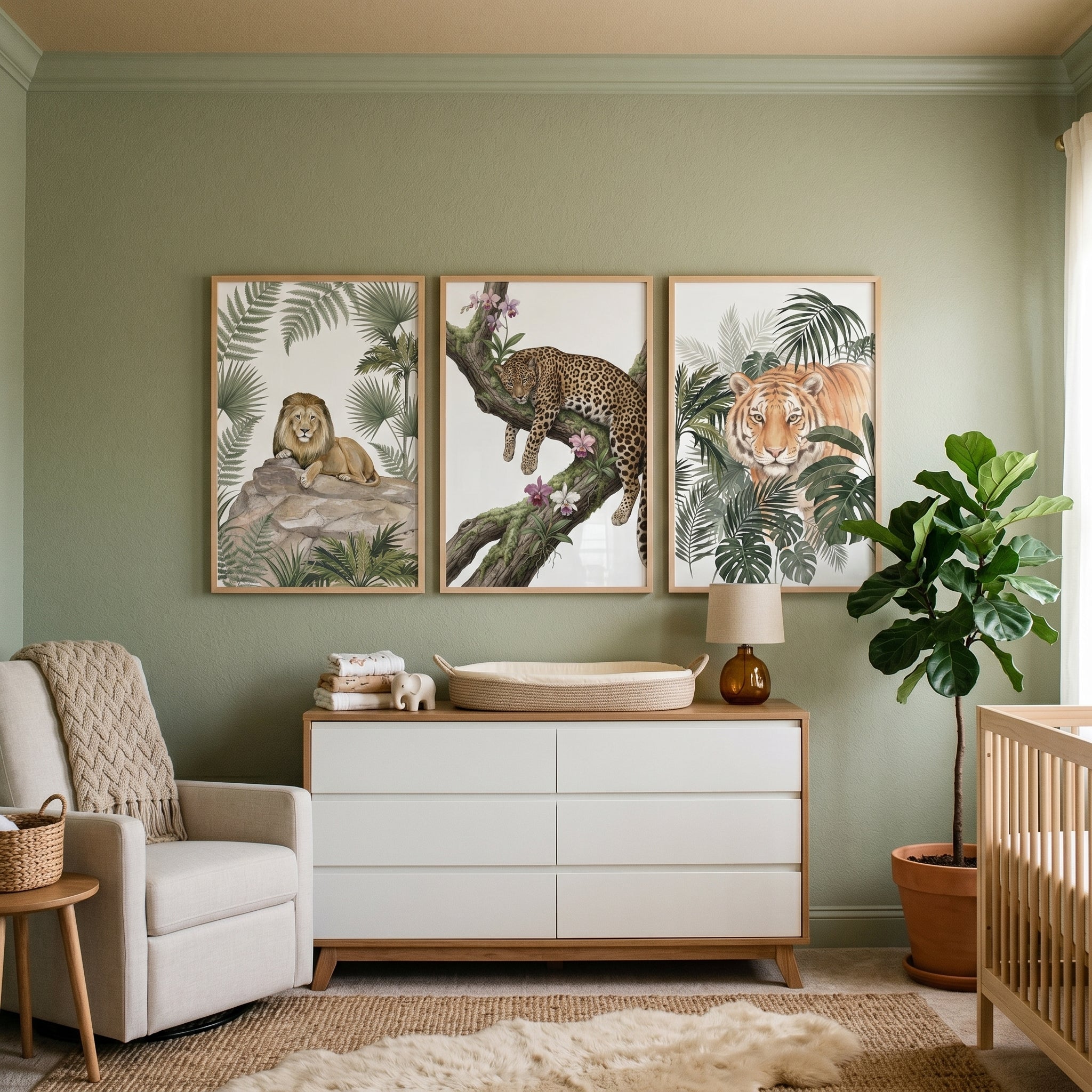 Botanical Wild Big Cat Wall Art Set of 3 - Majestic Safari Cats