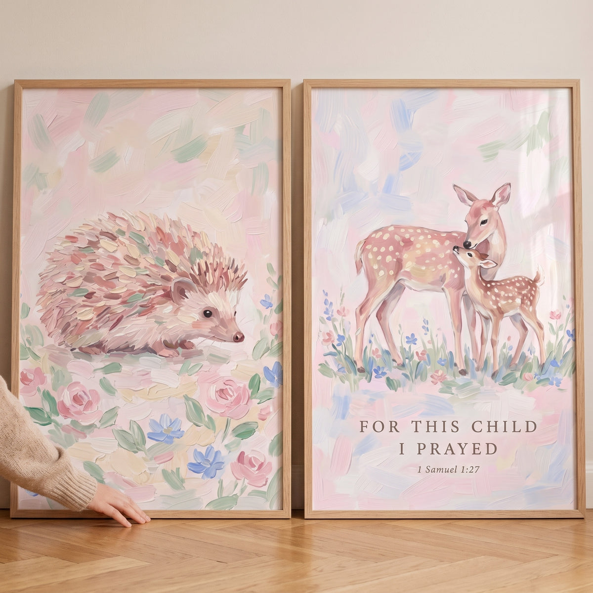 Botanical wildflower woodland animals wall art set of 2 featuring a hedgehog, deer, and 1 Samuel 1:27 verse.