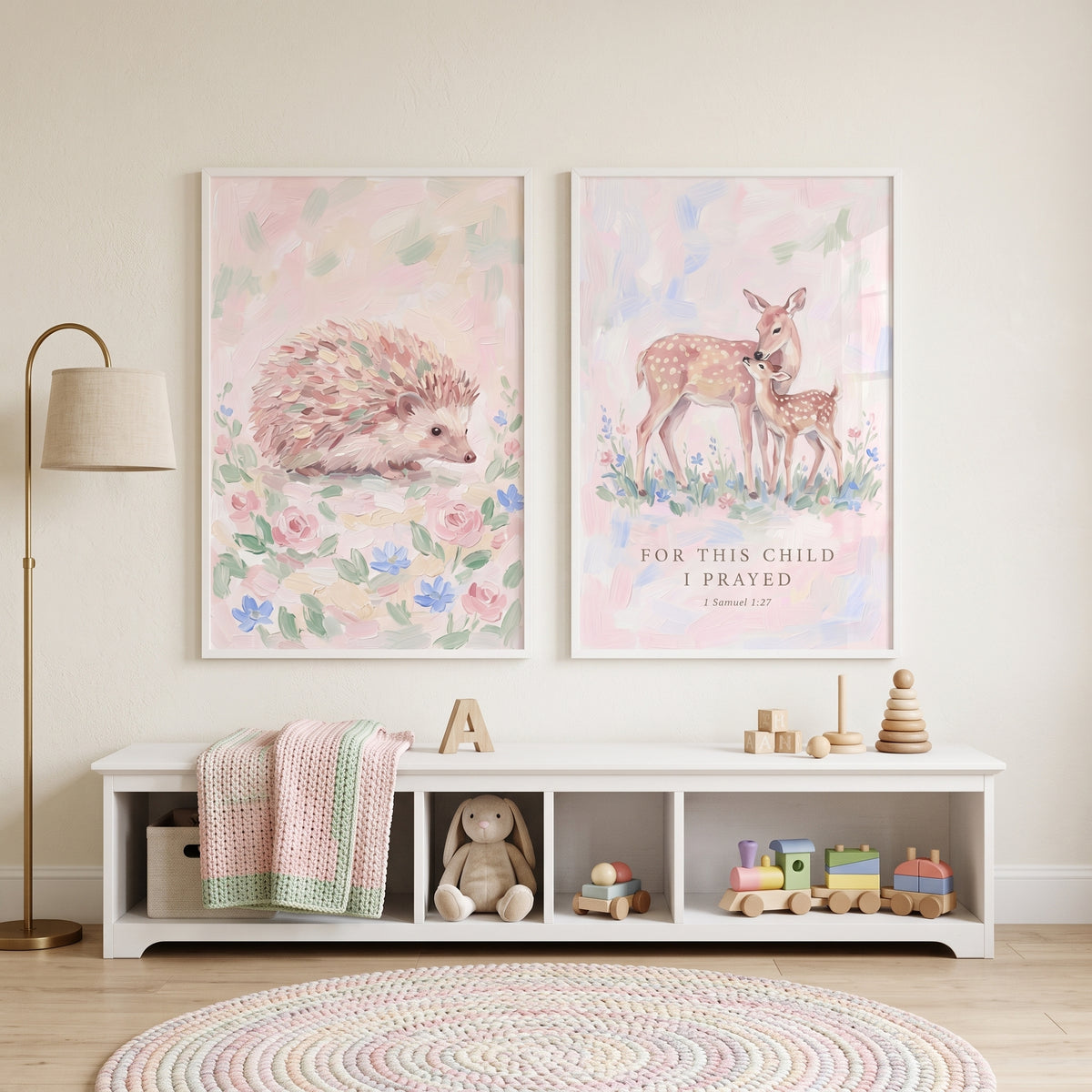 Botanical Wildflower Woodland Animals Wall Art Set of 2 - Soft Woodland Prayer