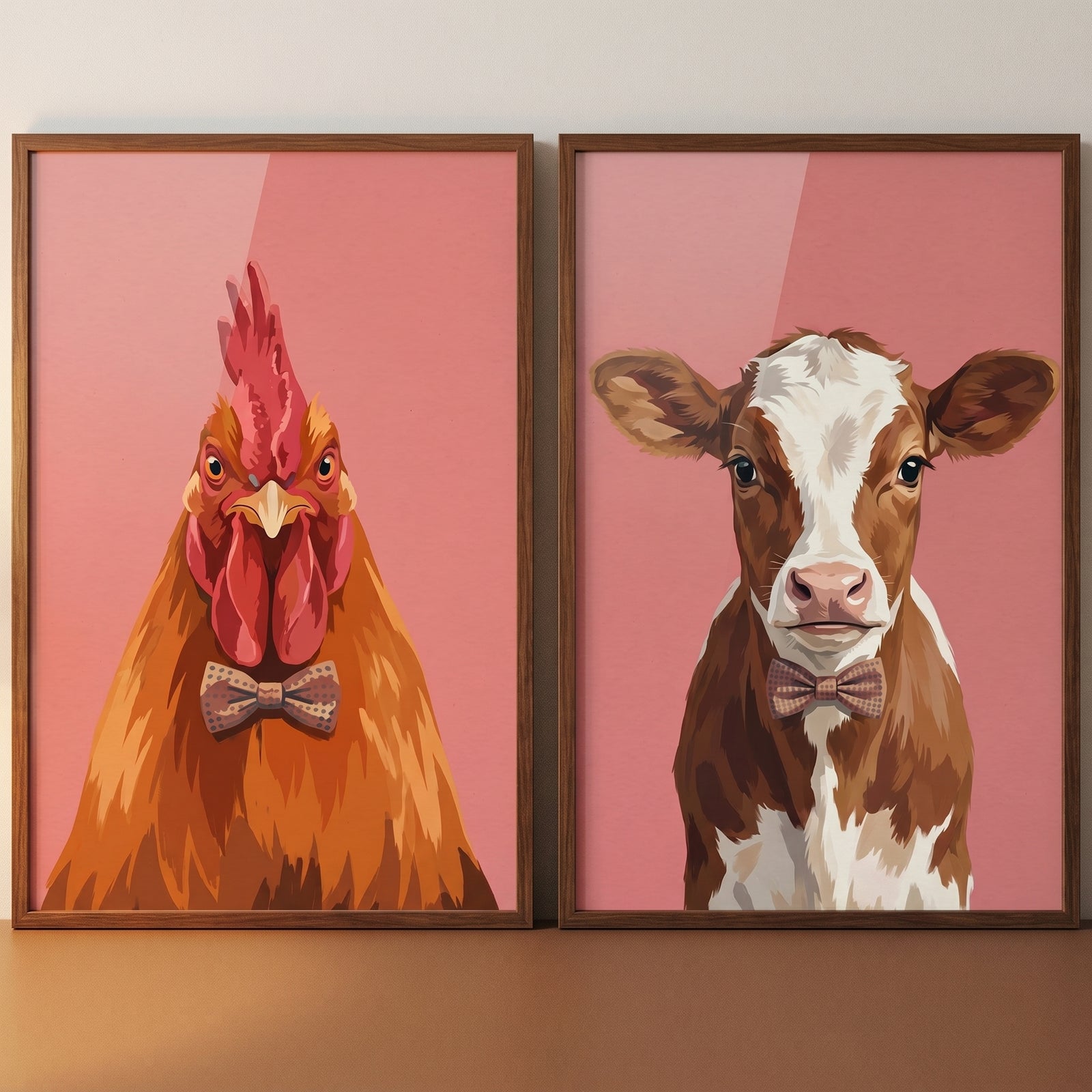 Framed rooster and calf wearing bow ties in a bow tie farm animal wall art set of 2 with pink backgrounds.