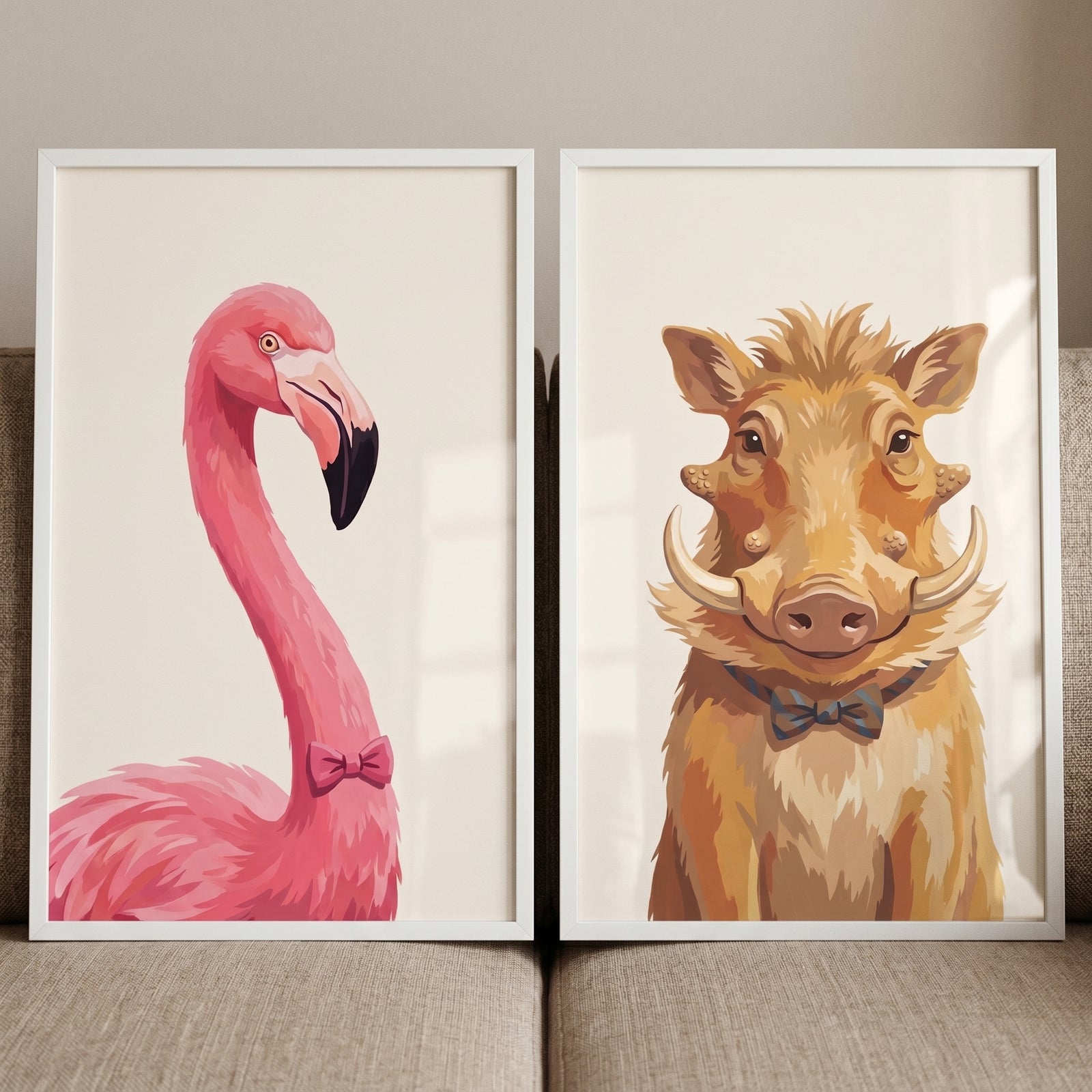 Bow tie safari animals wall art set of 2 featuring a pink flamingo and a brown warthog in white frames.