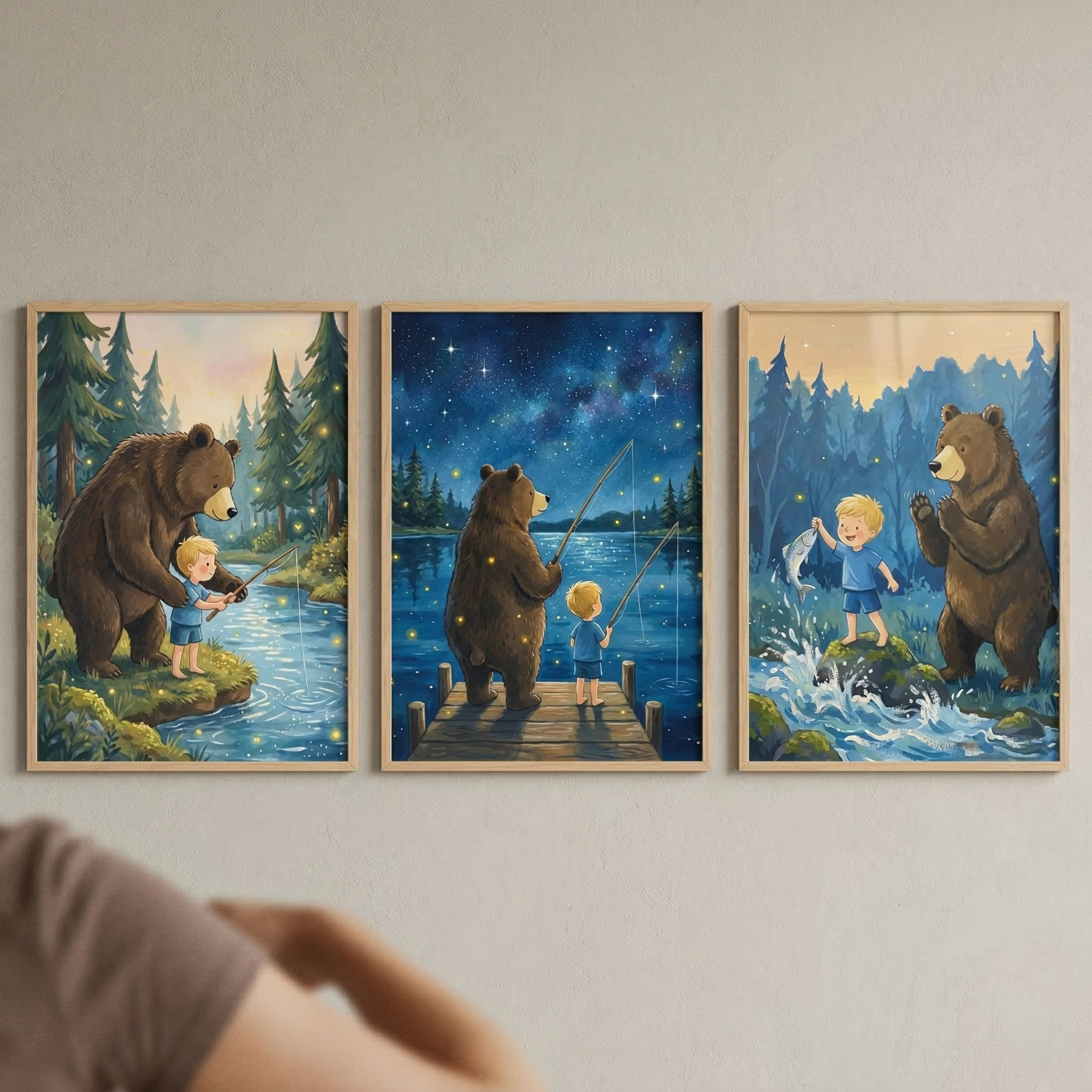 Boy And Bear Best Friends Nursery Wall Art Set of 3 - Starlit Night Fishing