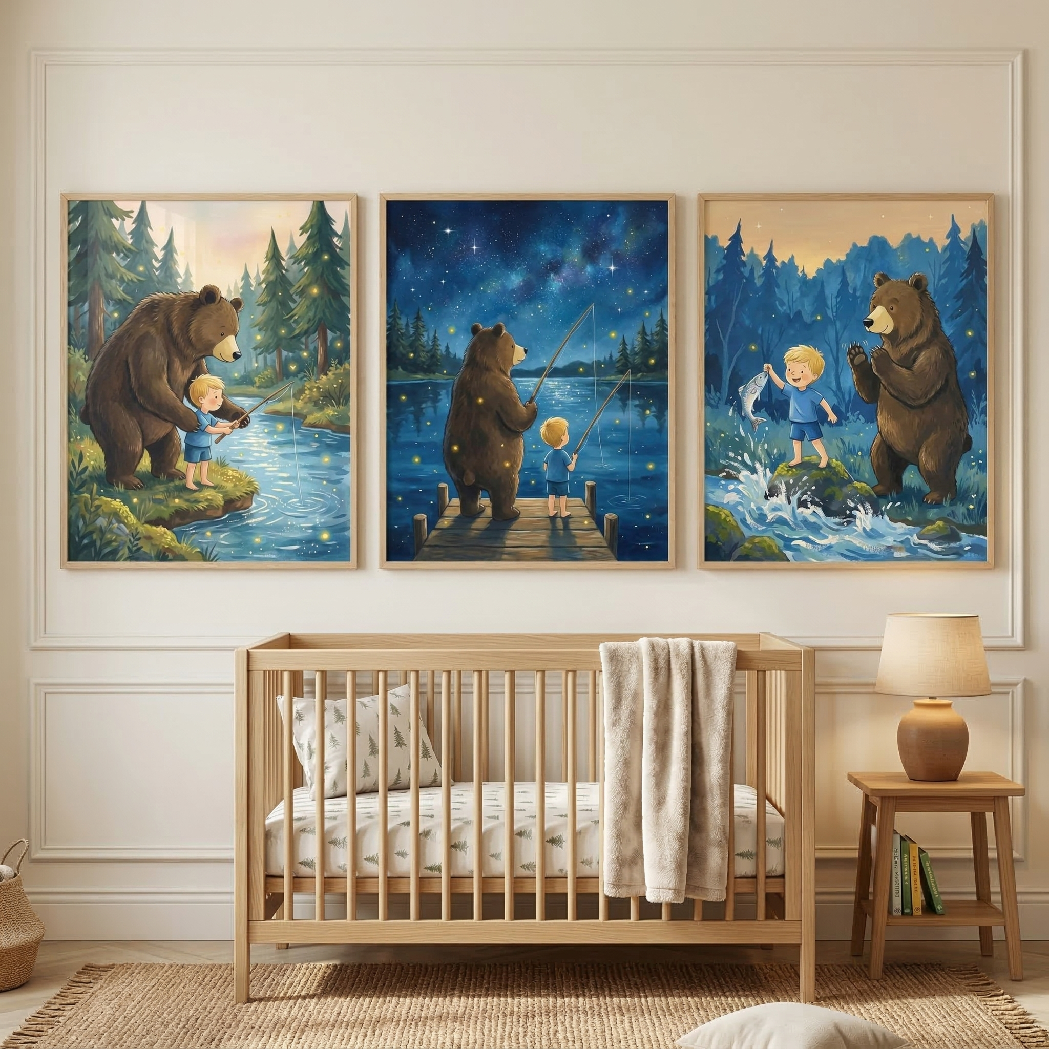 Boy And Bear Best Friends Nursery Wall Art Set of 3 - Starlit Night Fishing