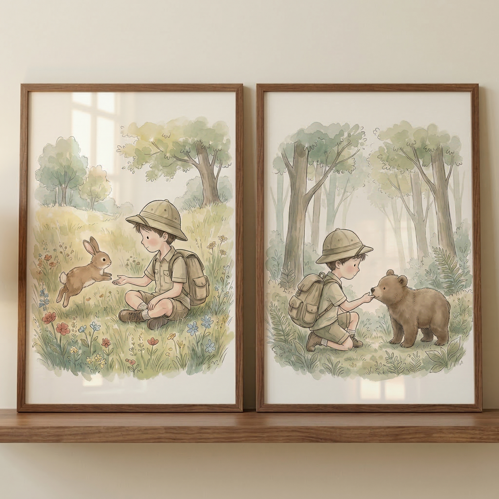 Two brown wooden frames sit on a wooden shelf. Each frame holds a watercolor-style illustration of a young boy dressed in a tan explorer outfit with a backpack and a pith helmet. In the left illustration, the boy sits in a grassy meadow filled with wildflowers, reaching his hand toward a jumping brown rabbit. In the right illustration, the boy kneels in a forest of tall trees, offering food to a small brown bear cub. The artwork features soft, muted colors and a whimsical storybook style.