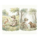 A soft watercolor diptych shows a young explorer in a safari hat and backpack meeting woodland animals in a gentle forest setting. One panel shows the child sitting in a flowered meadow reaching toward a hopping rabbit, while the other shows the child kneeling on a forest path and gently touching noses with a bear cub.
