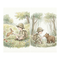 A soft watercolor diptych shows a young explorer in a safari hat and backpack meeting woodland animals in a gentle forest setting. One panel shows the child sitting in a flowered meadow reaching toward a hopping rabbit, while the other shows the child kneeling on a forest path and gently touching noses with a bear cub.
