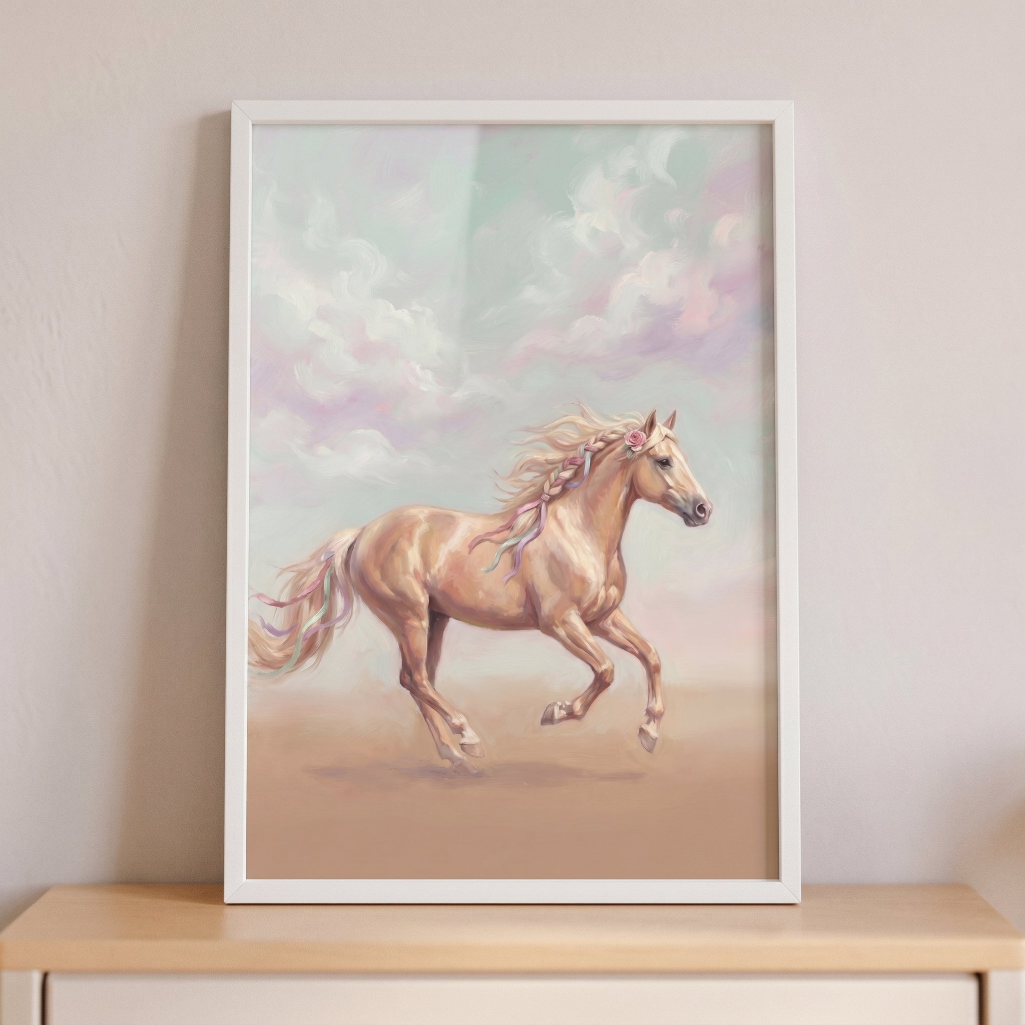 Braided Mane Palomino Horse Wall Art - Pastel Ribbon Gallop