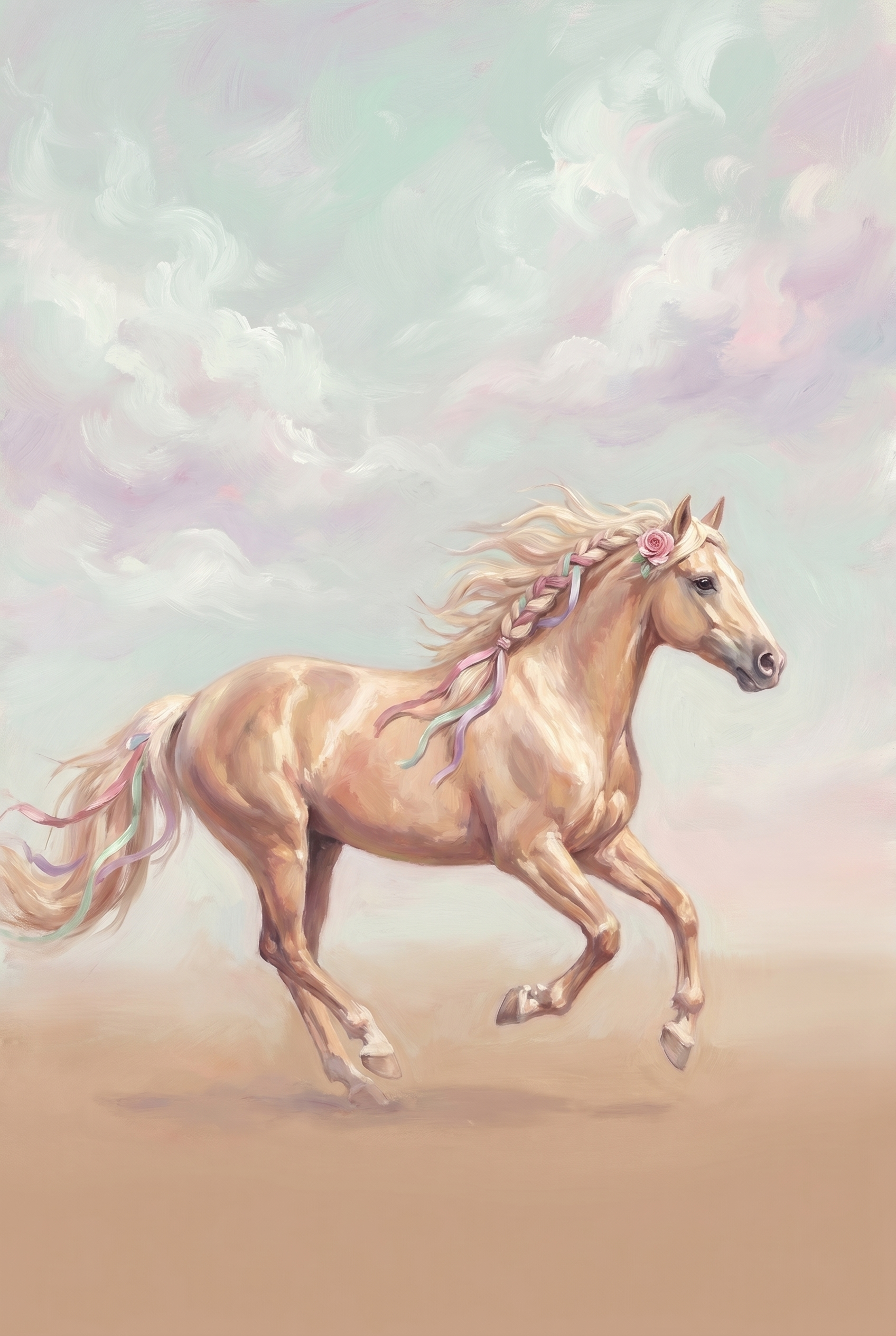 Braided Mane Palomino Horse Wall Art - Pastel Ribbon Gallop