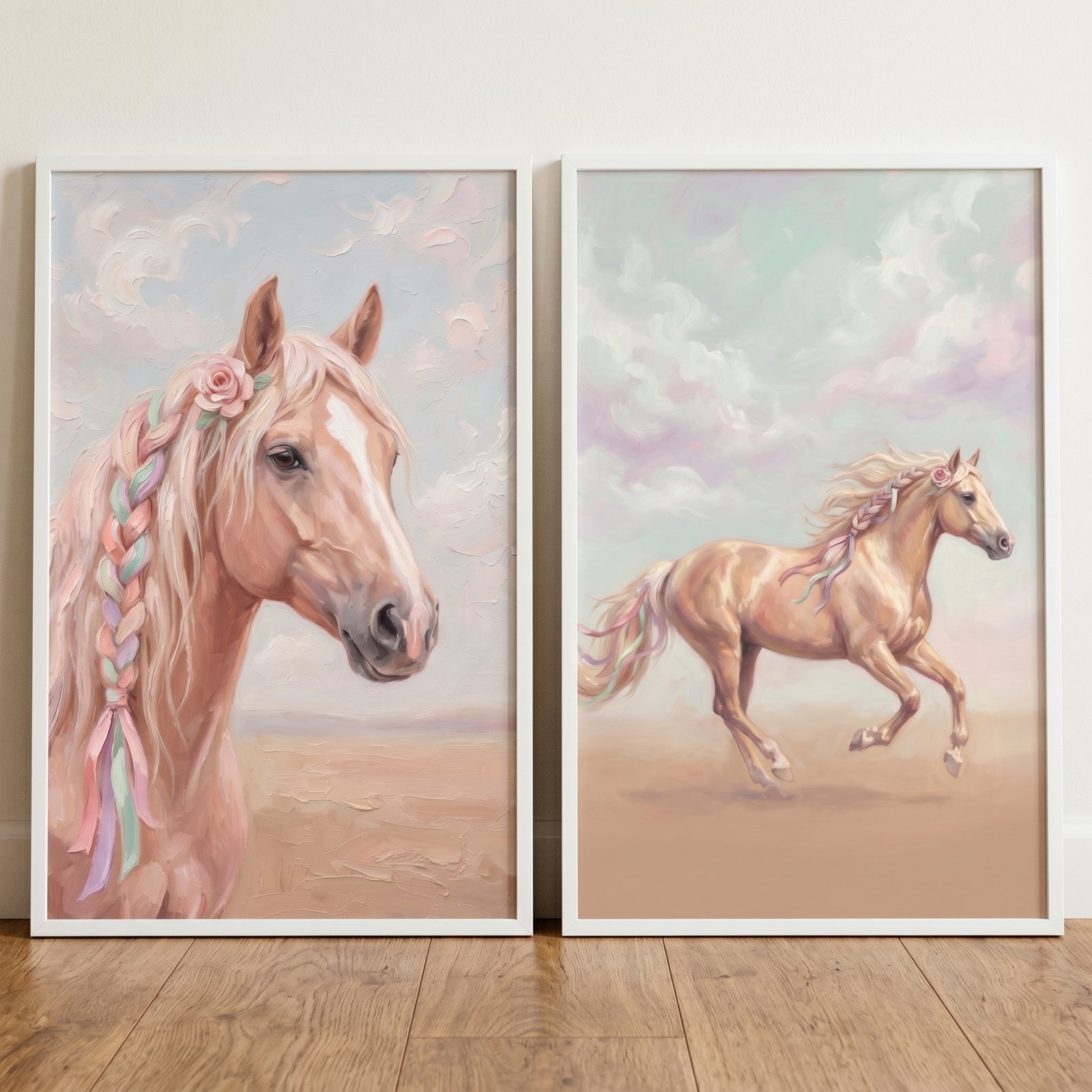 Braided mane pastel horse wall art set of 2 featuring light tan horses with floral manes and soft-toned backgrounds.