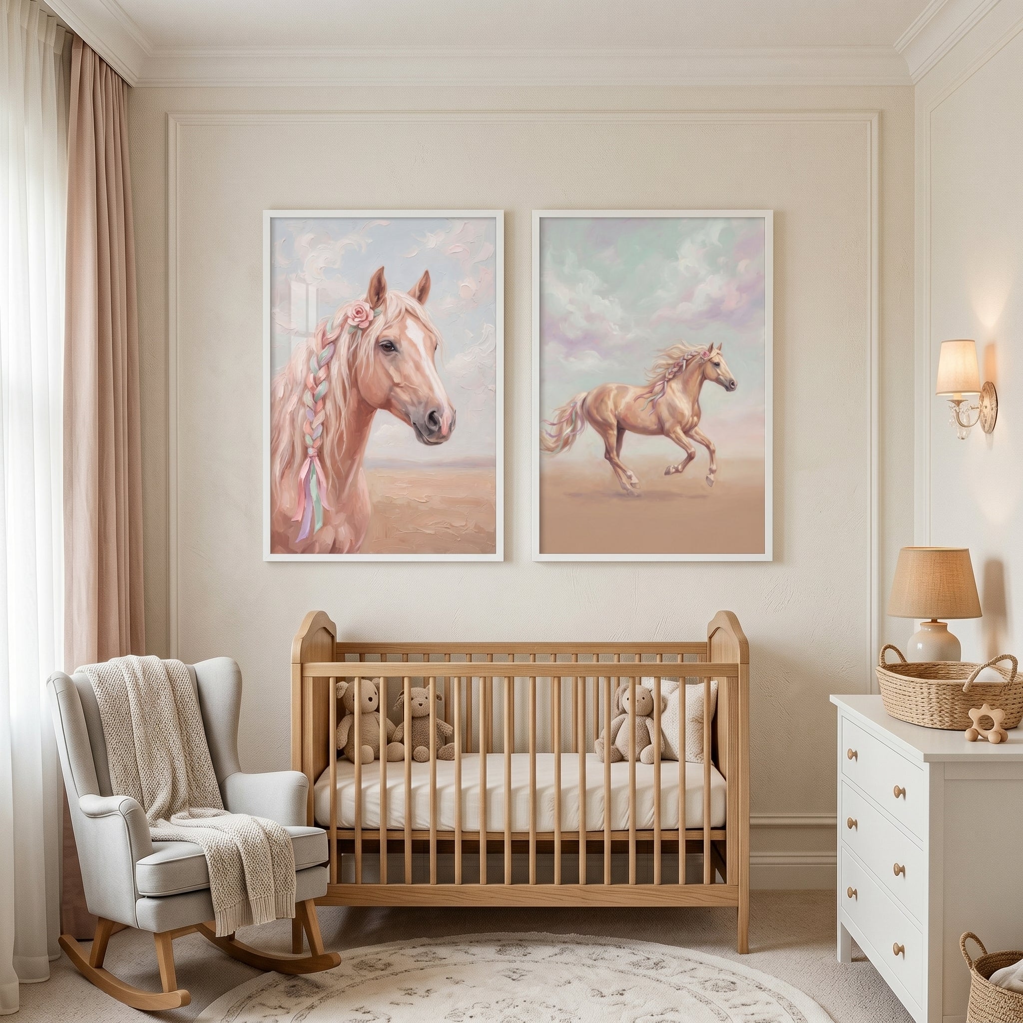 Braided Mane Pastel Horse Wall Art Set of 2 - Braided Floral Mane