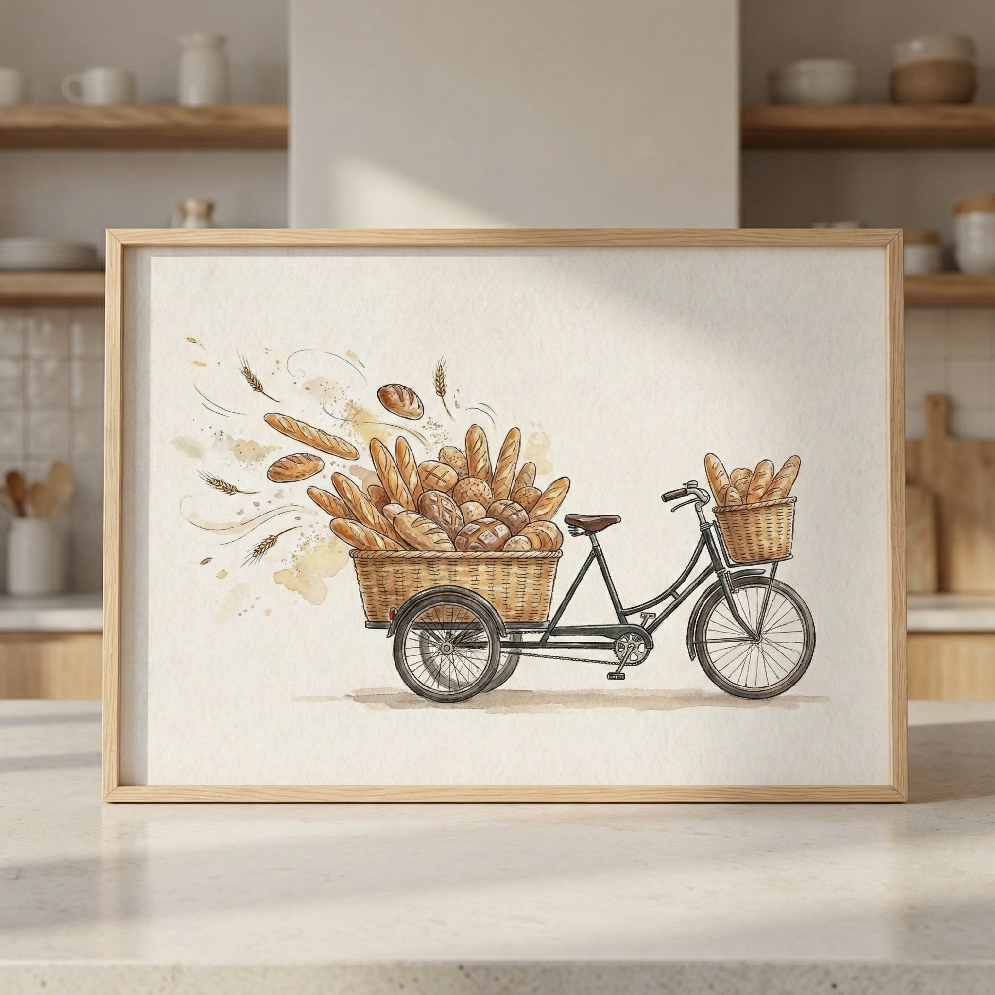 A framed watercolor painting of a black bicycle with large wicker baskets overflowing with fresh baguettes and loaves of bread, surrounded by playful swirls of flour and wheat. The artwork is set on a kitchen counter with soft morning light.