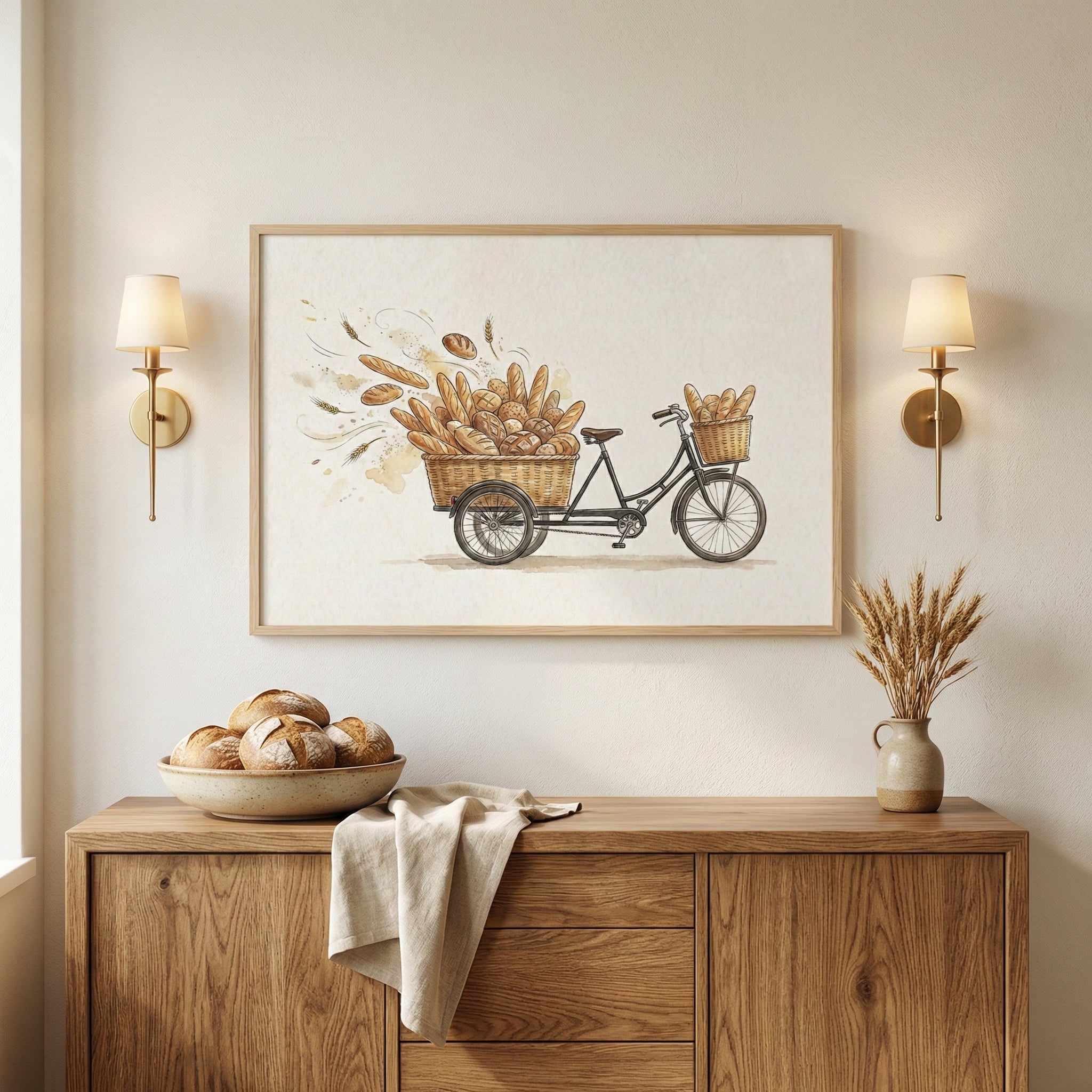 A cozy kitchen or dining space features a framed painting of a bread delivery bicycle, with baskets full of baked goods spilling with golden loaves. The illustration hangs above a wooden sideboard styled with real bread and wheat decor, creating a rustic, inviting scene.
