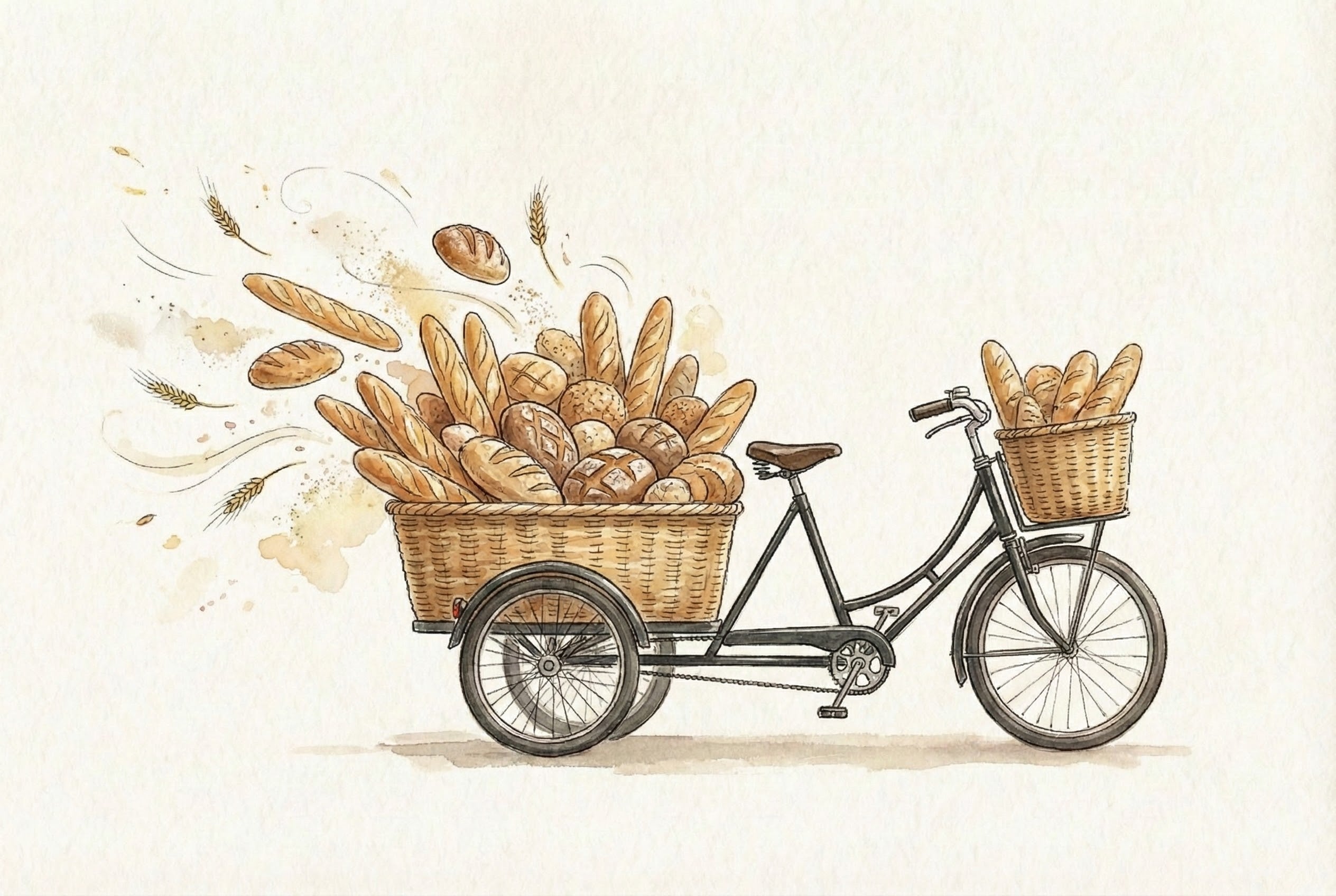 Watercolor illustration of a black three-wheeled bicycle carrying large woven baskets filled with various artisanal breads, including baguettes and round loaves. Loaves and wheat stalks appear to be playfully flying out the back basket, adding a whimsical touch to this charming bakery-themed scene.