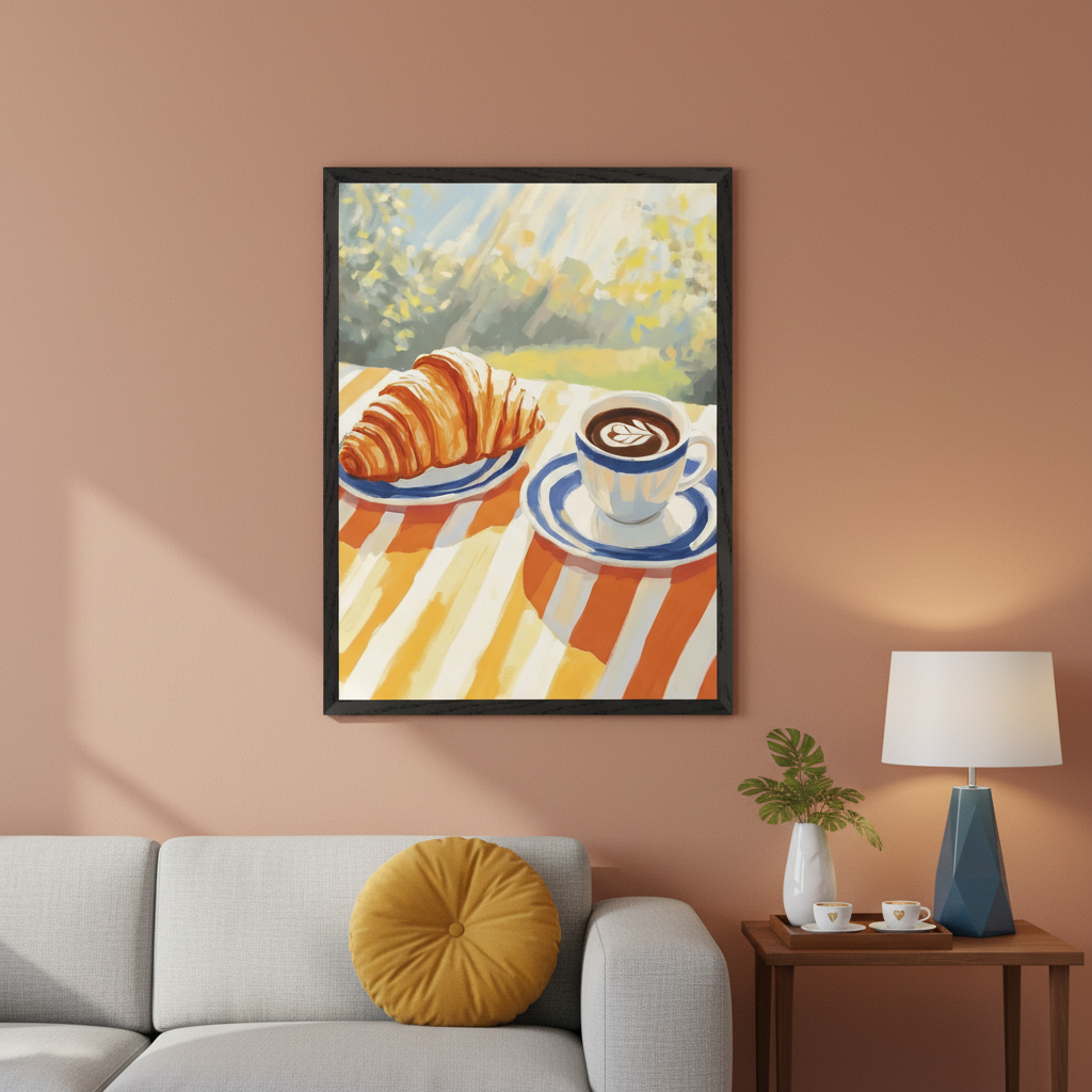 Living room with a terracotta wall and light gray sofa. A vertical framed painterly illustration of a croissant and coffee with latte art on an orange and yellow striped table in a sunny garden hangs above the sofa, to the left of a side table with a blue lamp.