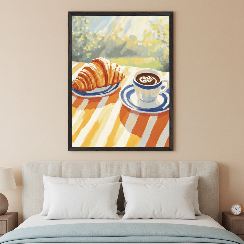 Modern bedroom with a light upholstered headboard and bed. A framed painting hangs centered above the bed, depicting a croissant and coffee on a striped table in a sunny outdoor setting, rendered in a painterly style.